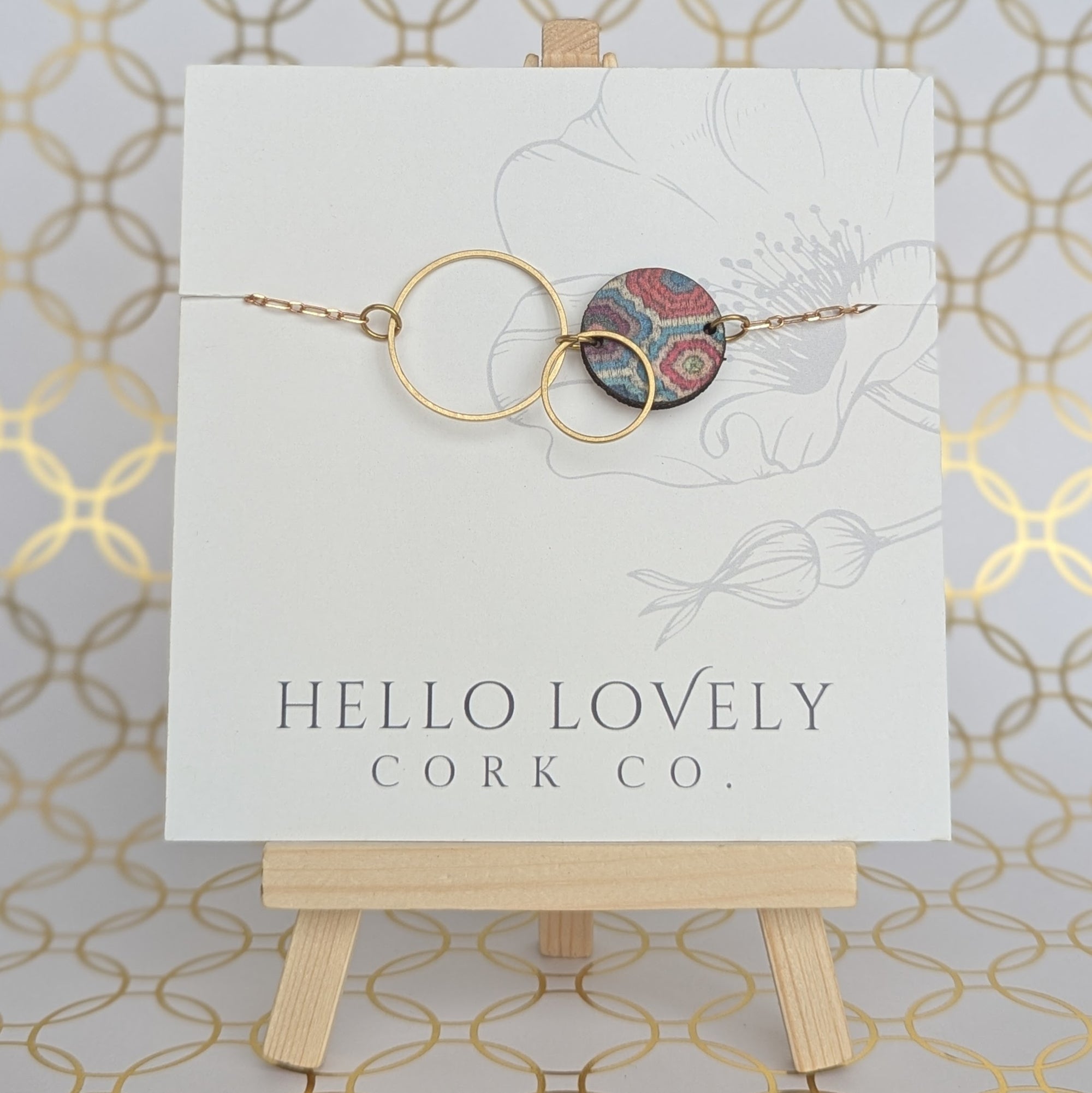 Brass Circle Necklace - Embroidered Hexagons and Wine Red