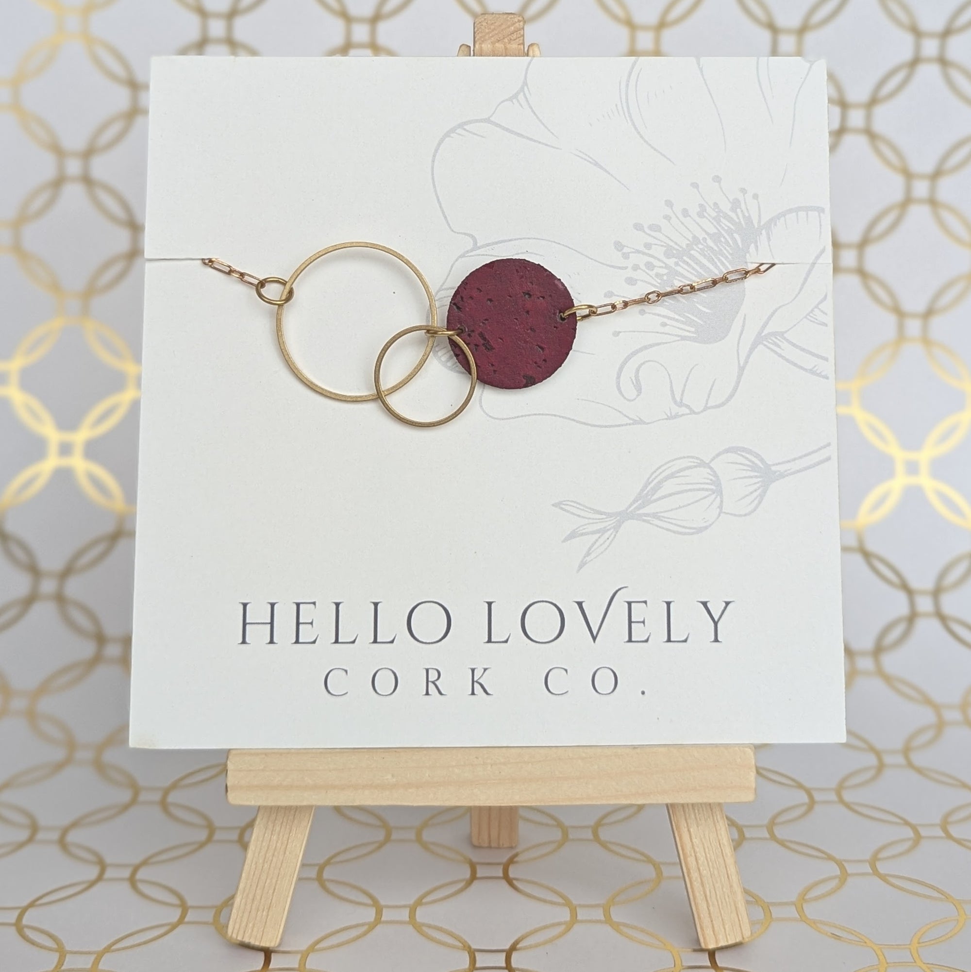 Brass Circle Necklace - Embroidered Hexagons and Wine Red