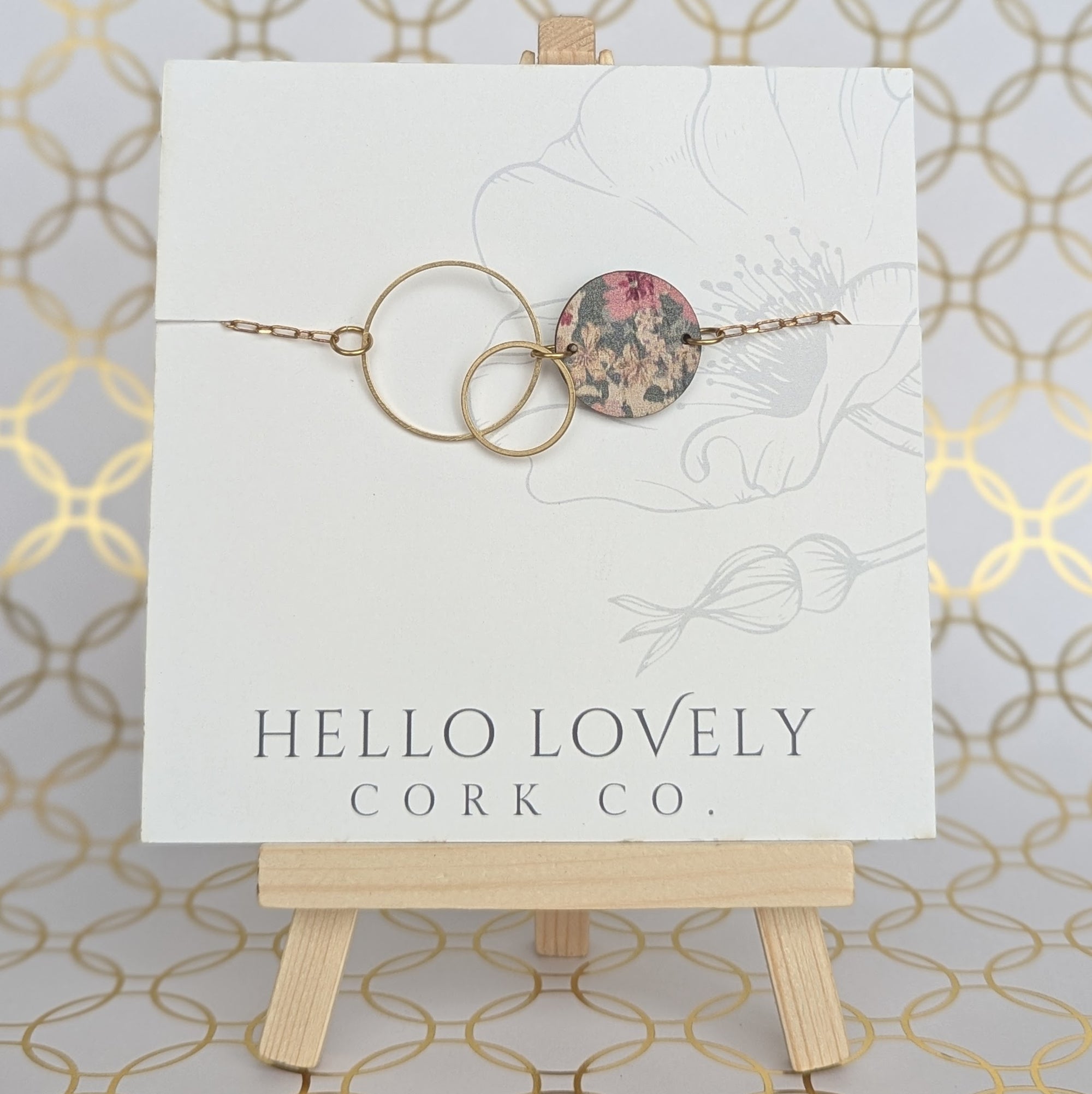 Brass Circle Necklace - Olive and Teal with Pink Pansies