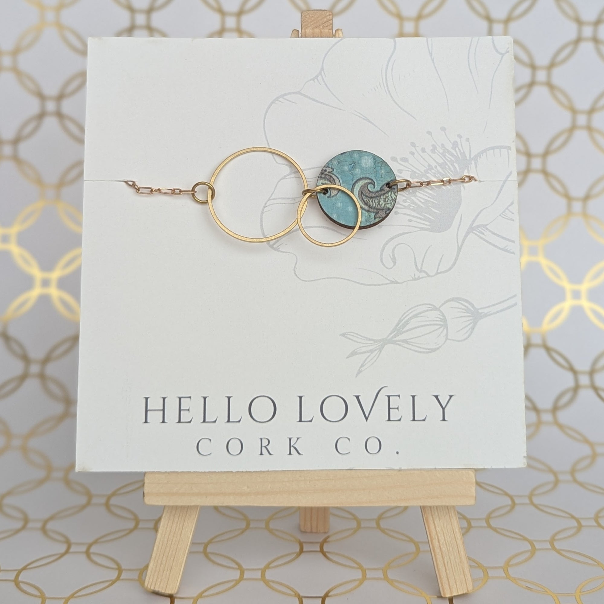 Brass Circle Necklace - Olive and Teal with Pink Pansies