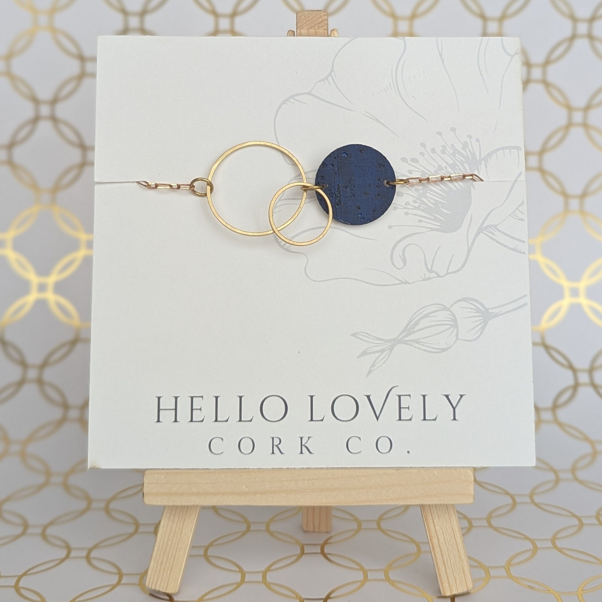 Brass Circle Necklace - Blue and White Floral with Royal