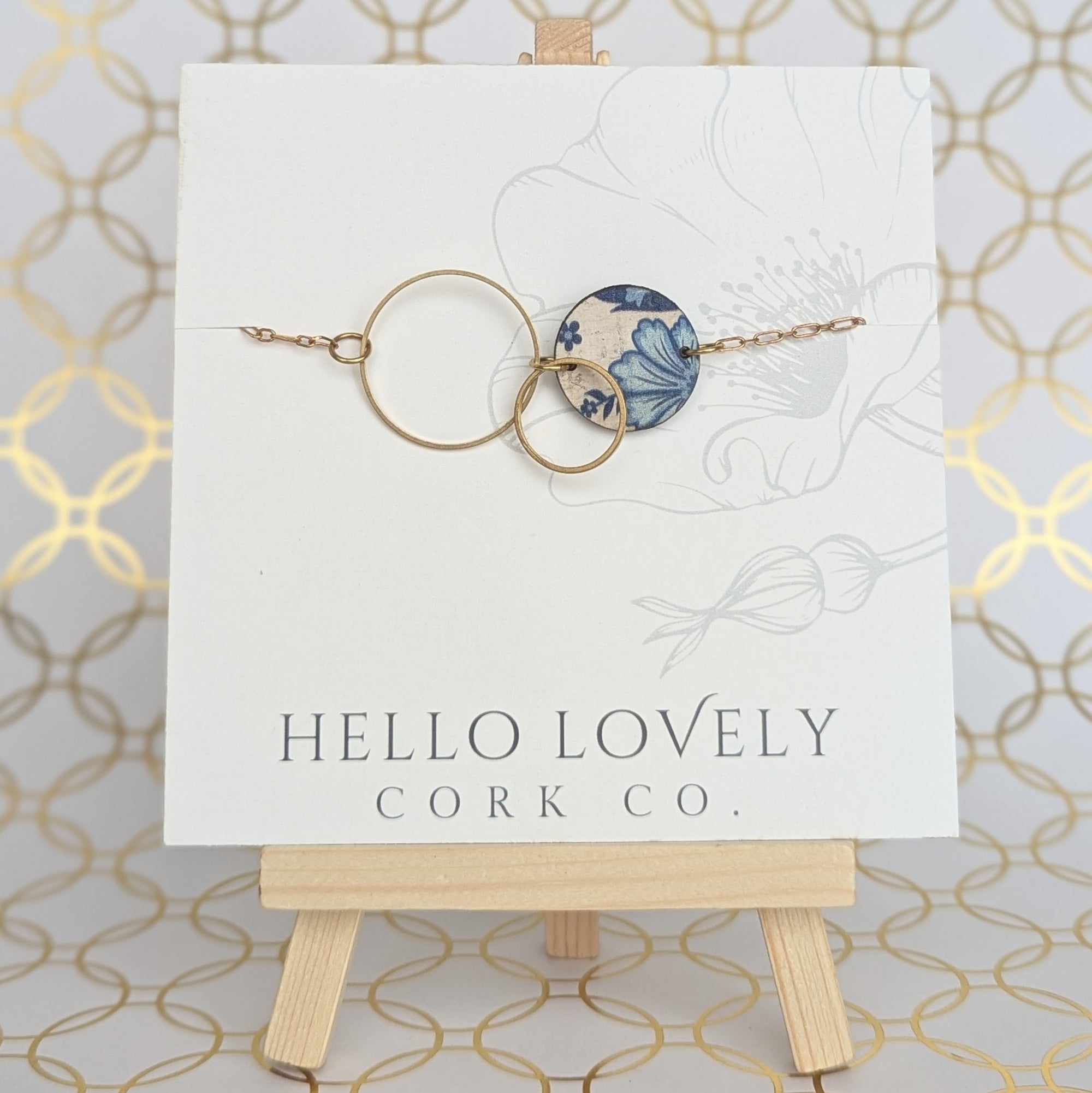 Brass Circle Necklace - Blue and White Floral with Royal