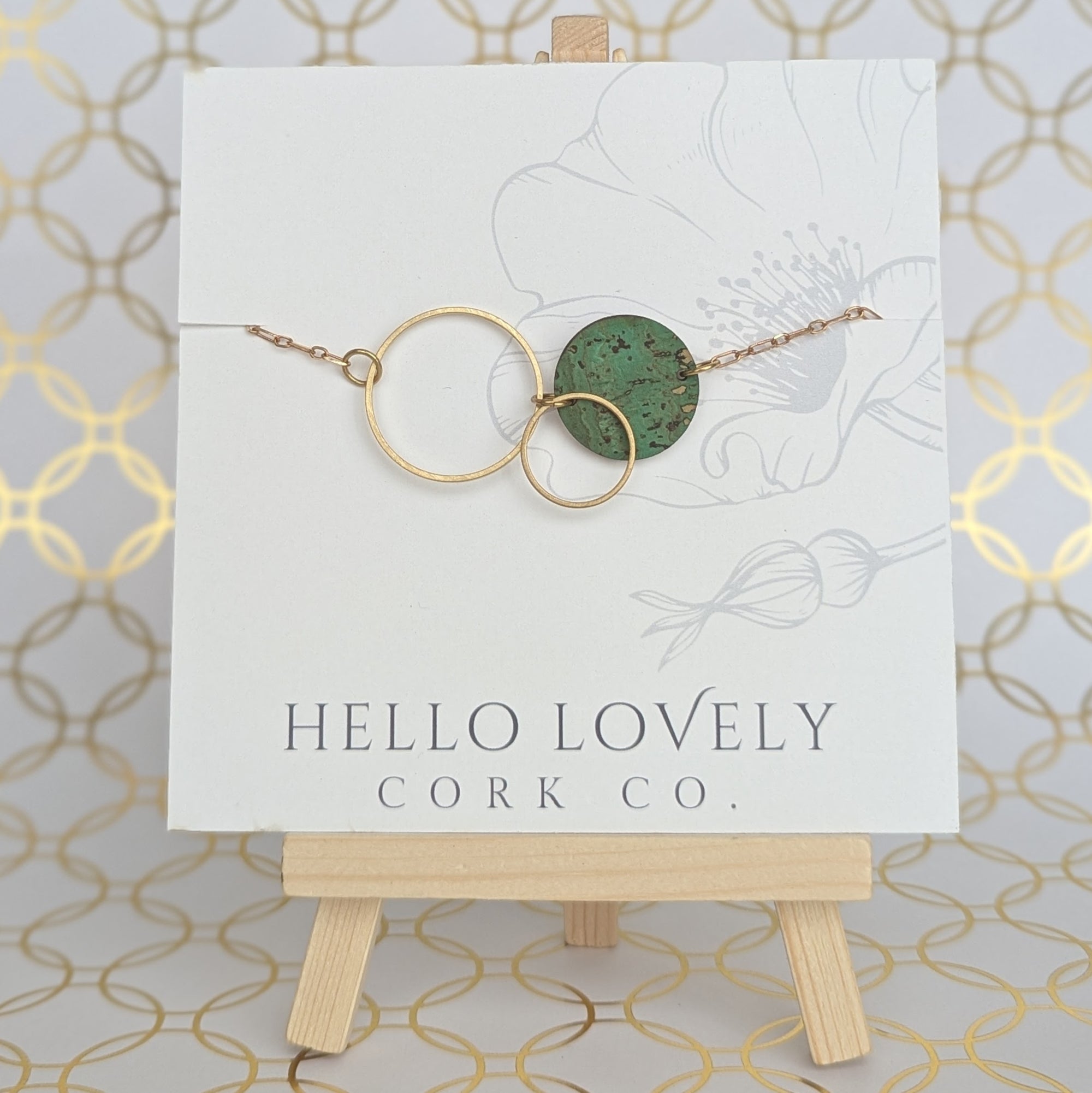 Brass Circle Necklace - Green and Fuchsia Floral with Green