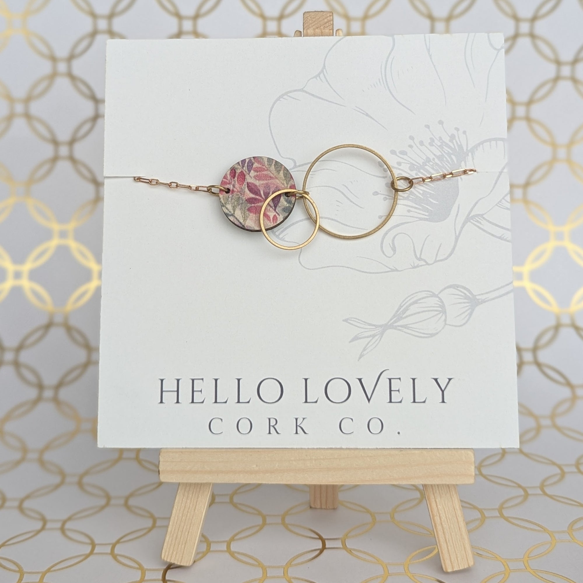 Brass Circle Necklace - Green and Fuchsia Floral with Green