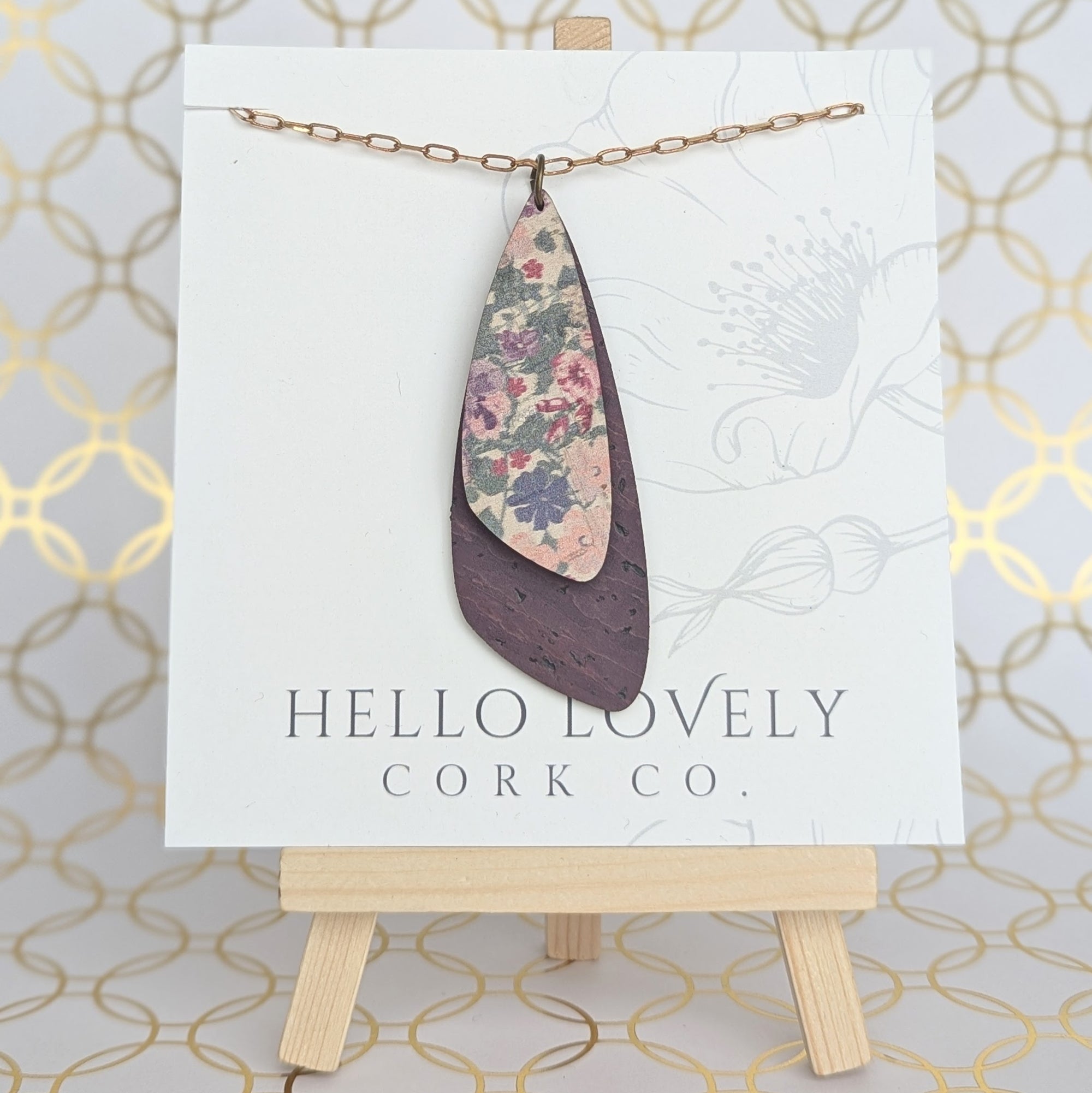 Dragonfly Necklace - Olive and Teal Floral on Natural Gold