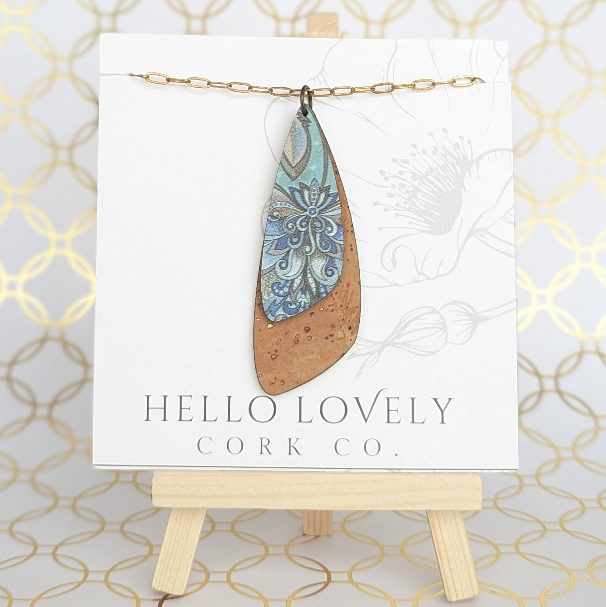 Dragonfly Necklace - Olive and Teal Floral on Natural Gold