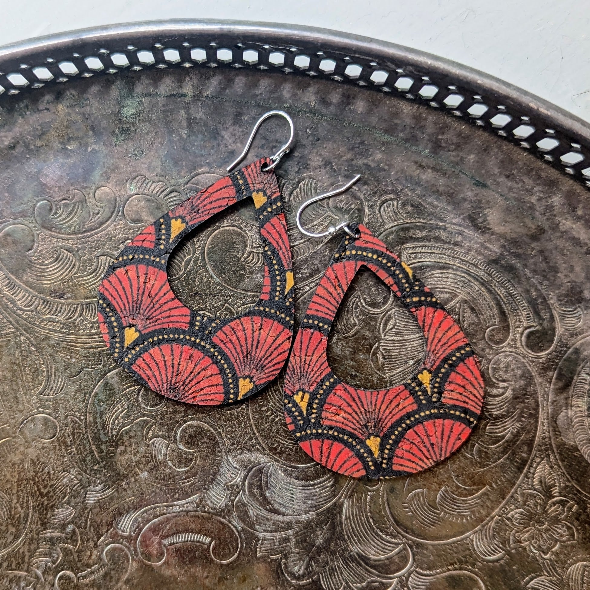 Red Fan Earrings - Large Teardrop