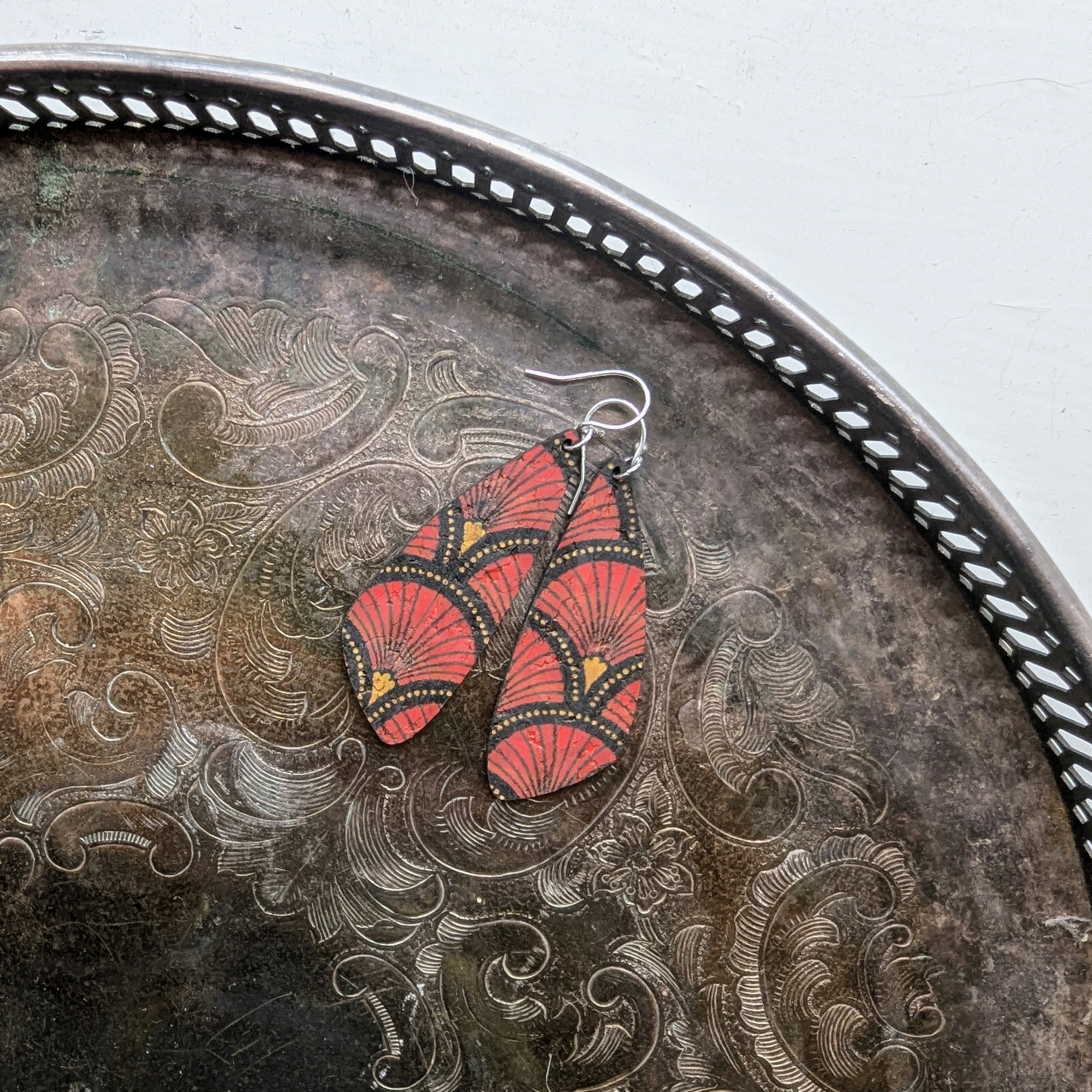 Red Fan Cork Earrings - Small Wing