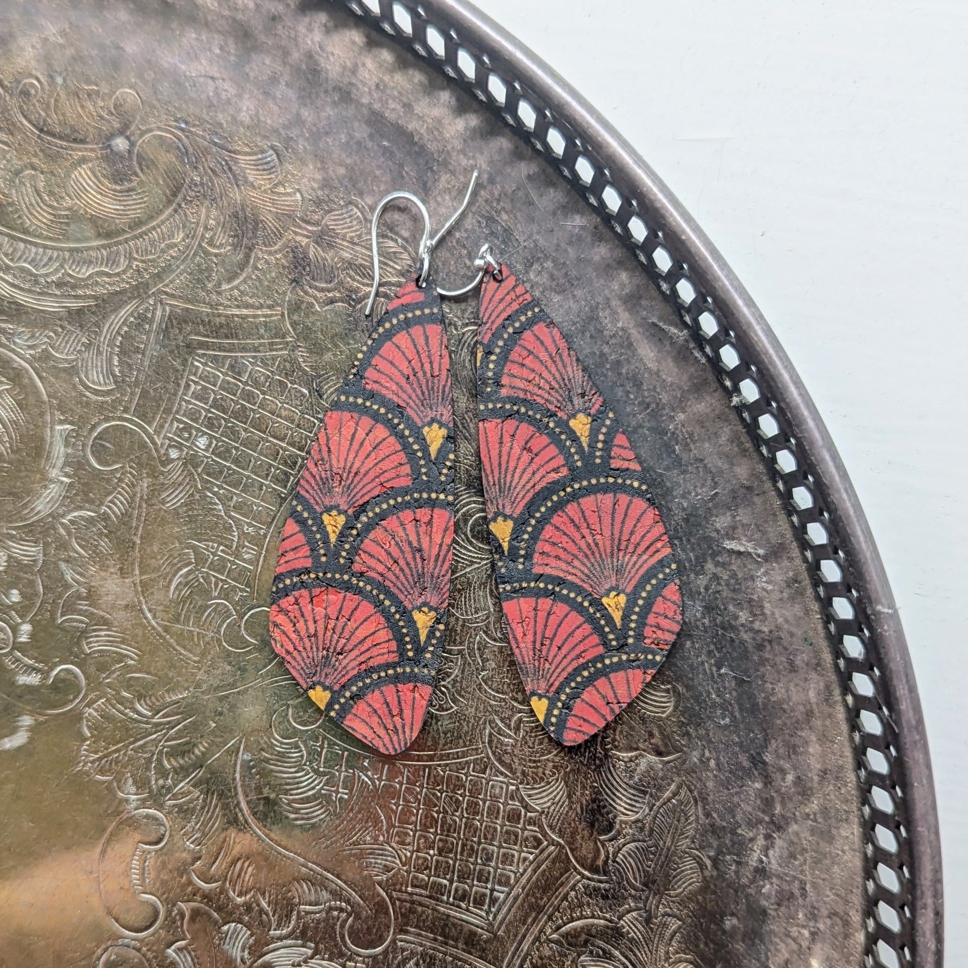 Red Fan Cork Earrings - Large Wing