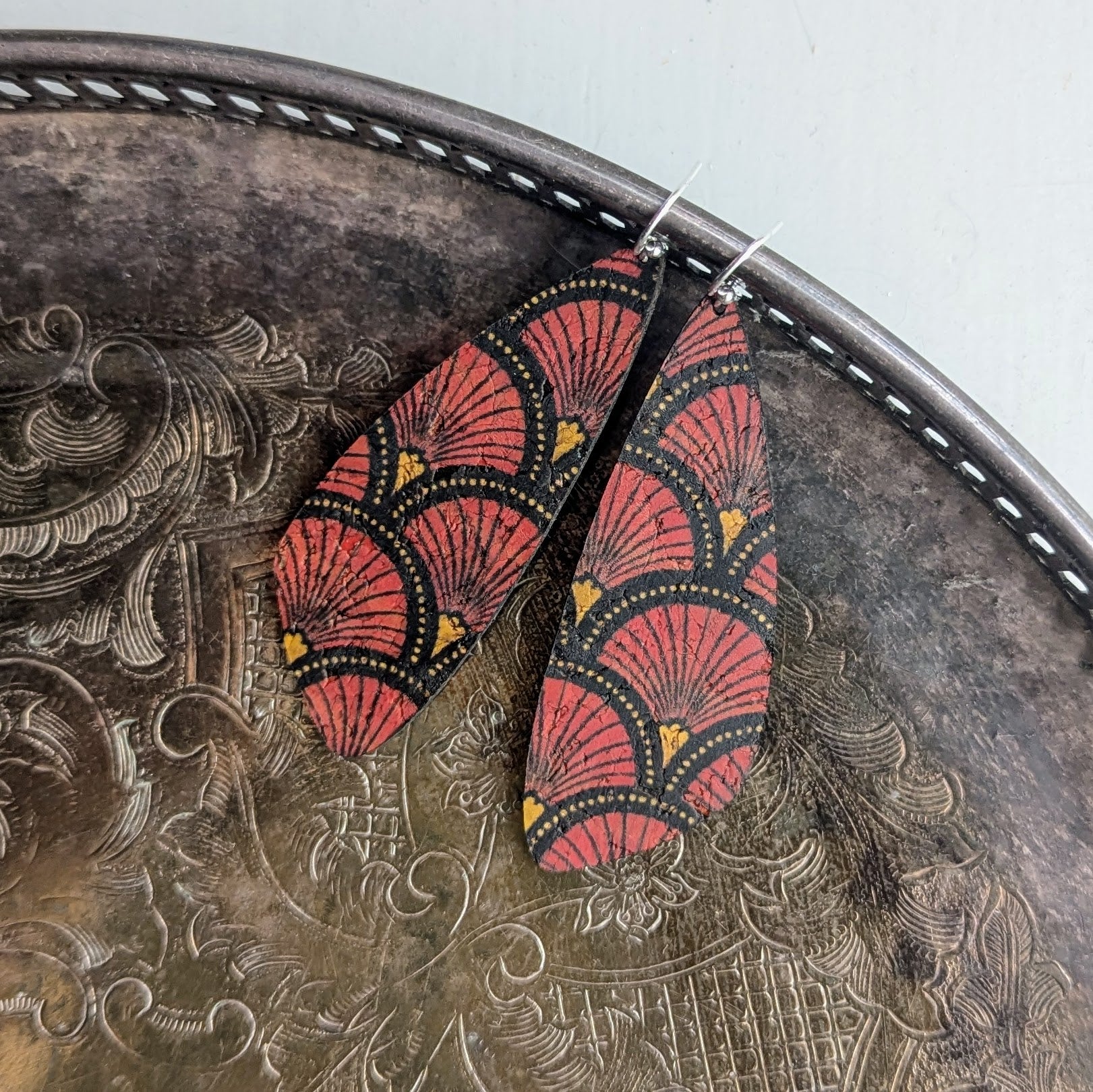 Red Fan Cork Earrings - Large Wing