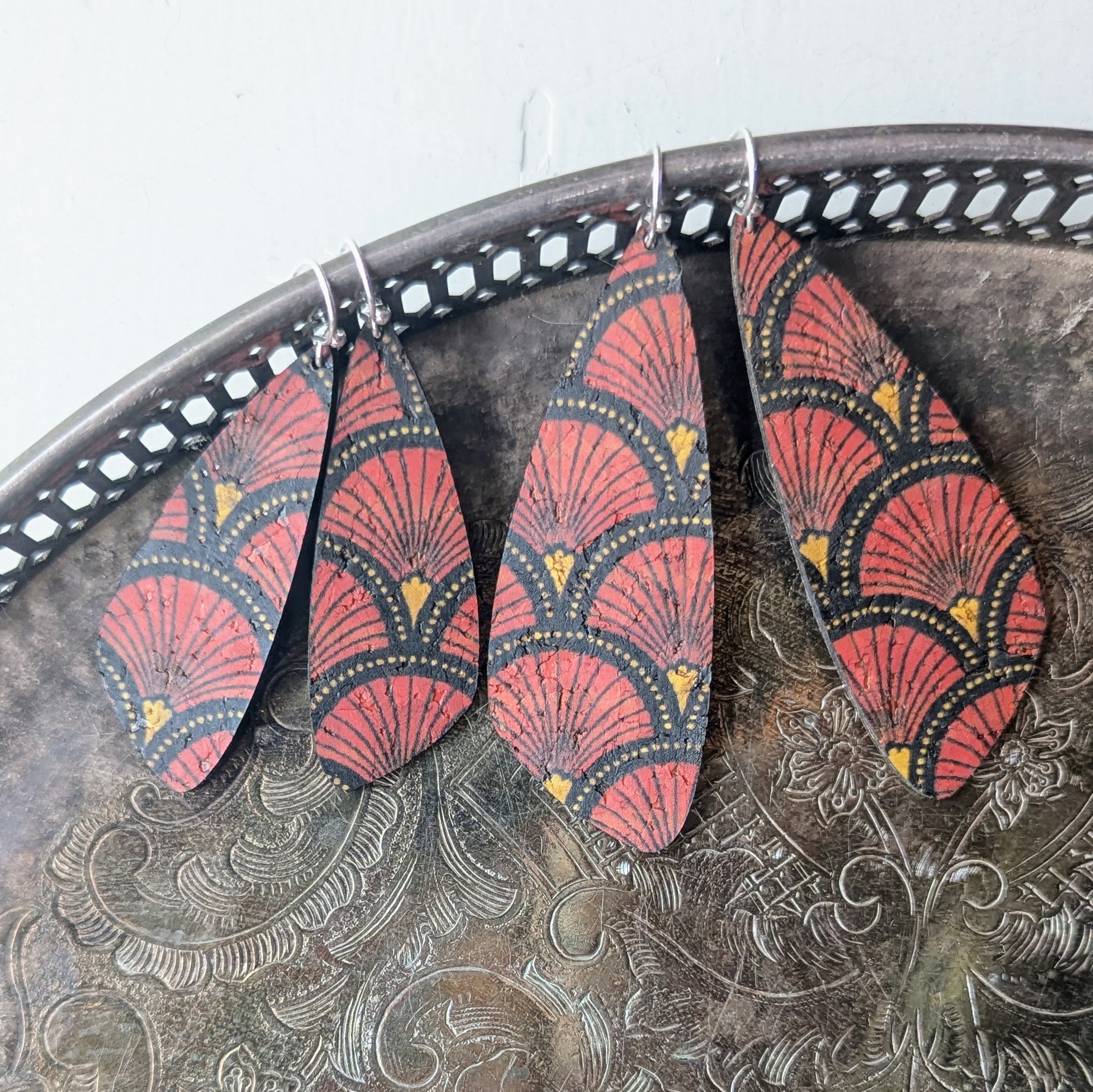 Red Fan Cork Earrings - Large Wing