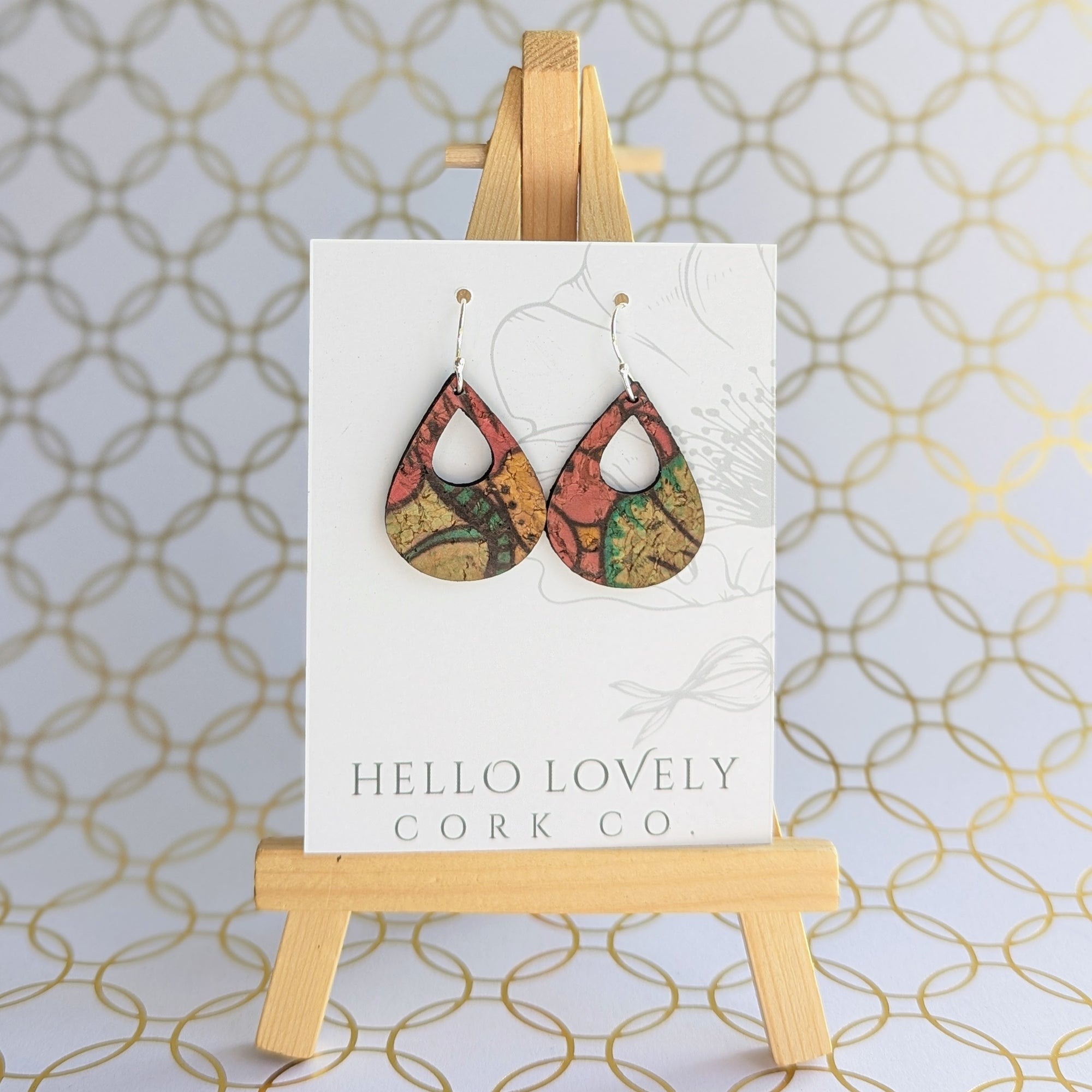 Red Yellow Blue Dahlia Cork Earrings - Small Teardrop
