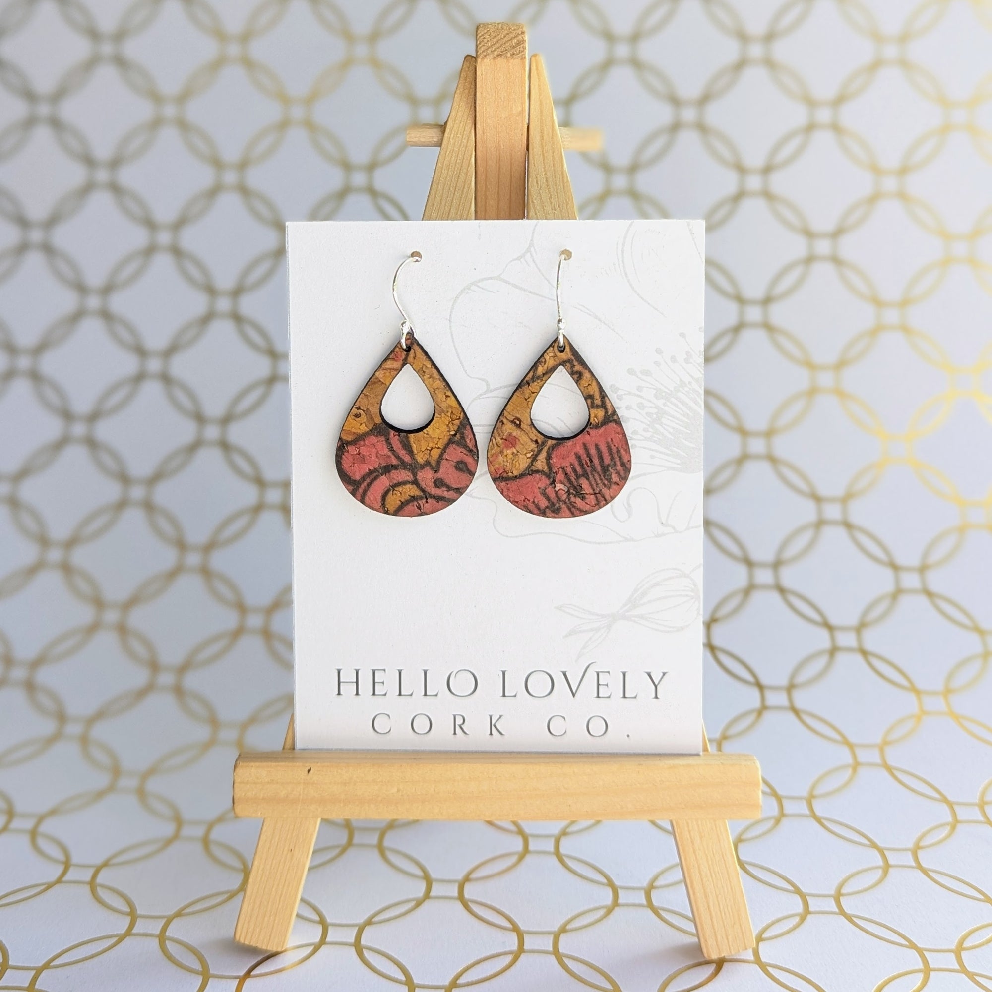 Red Yellow Blue Dahlia Cork Earrings - Small Teardrop