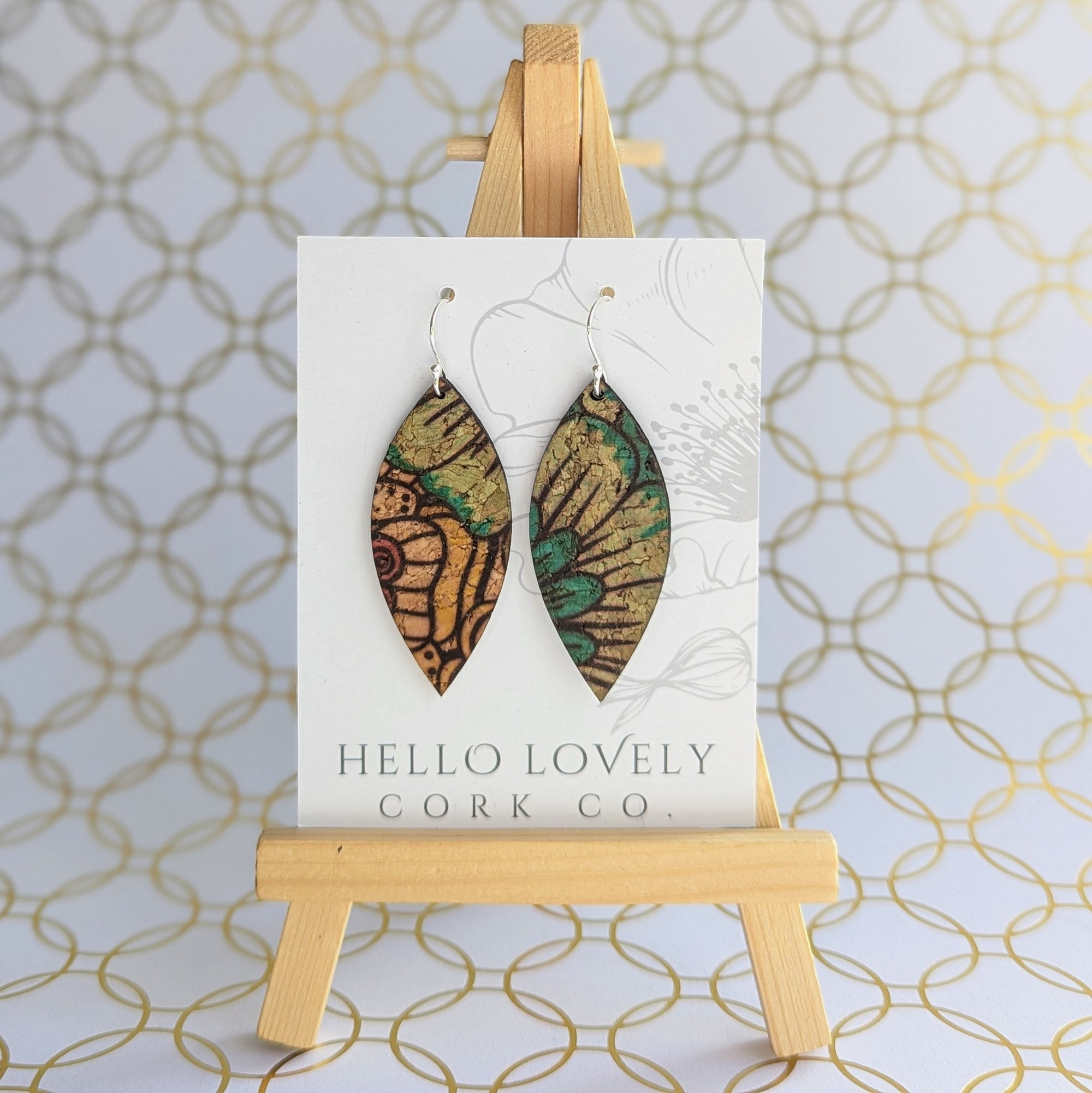 Red Yellow Blue Dahlia Cork Earrings - Small Leaf