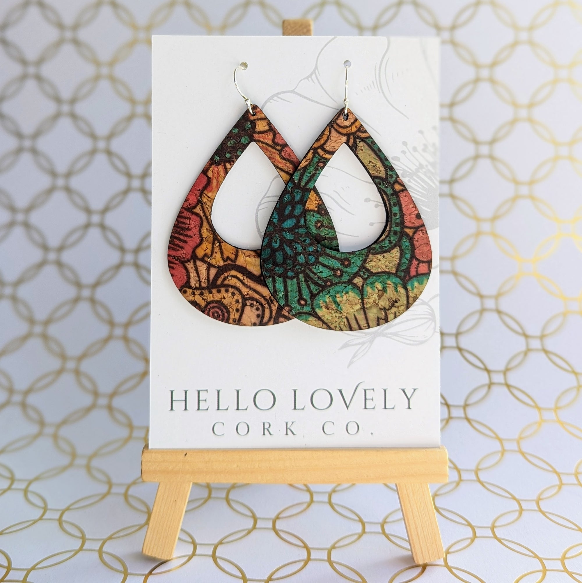 Red Yellow Blue Dahlia Cork Earrings - Large Teardrop