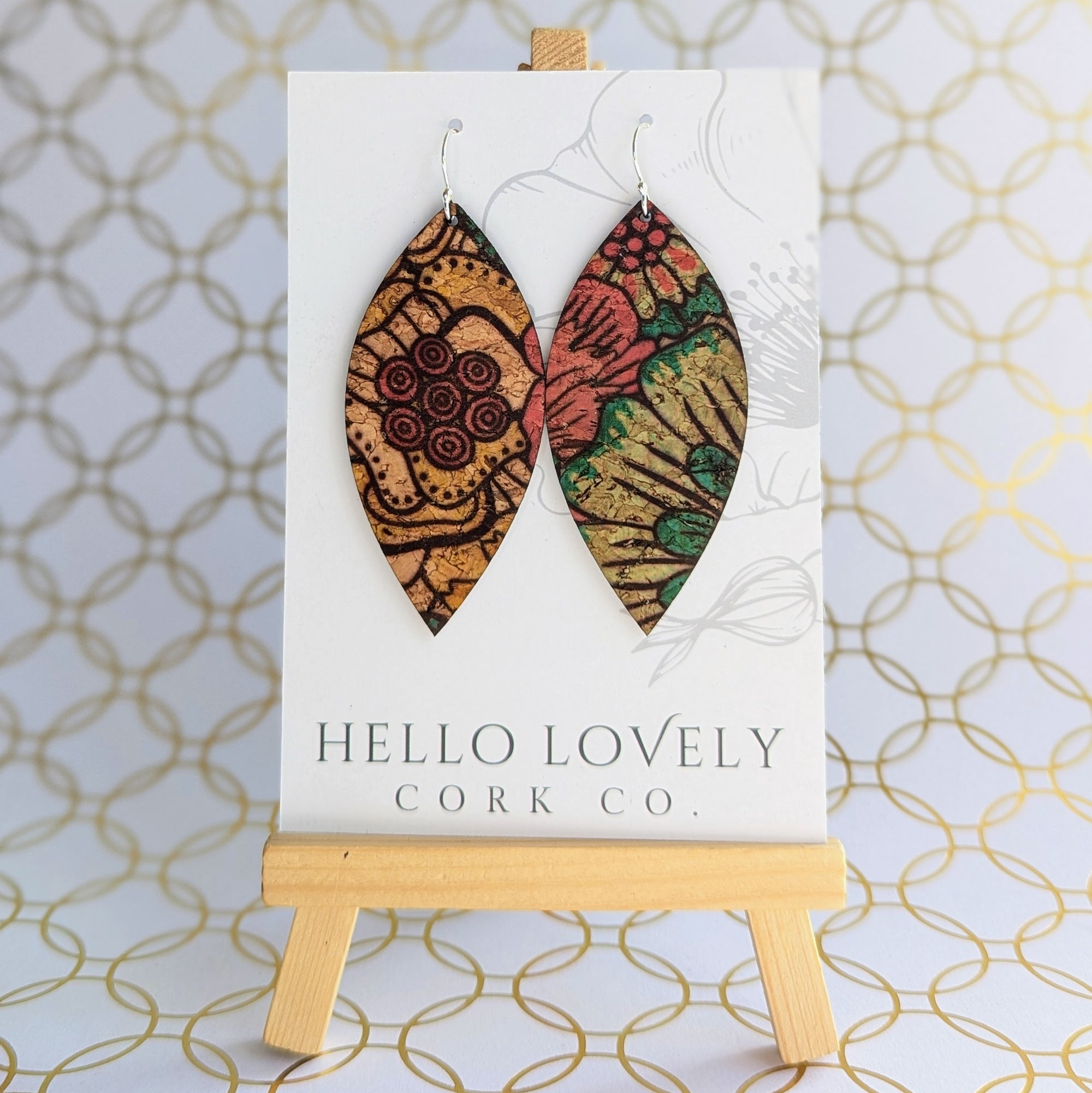Red Yellow Blue Dahlia Cork Earrings - Large Leaf