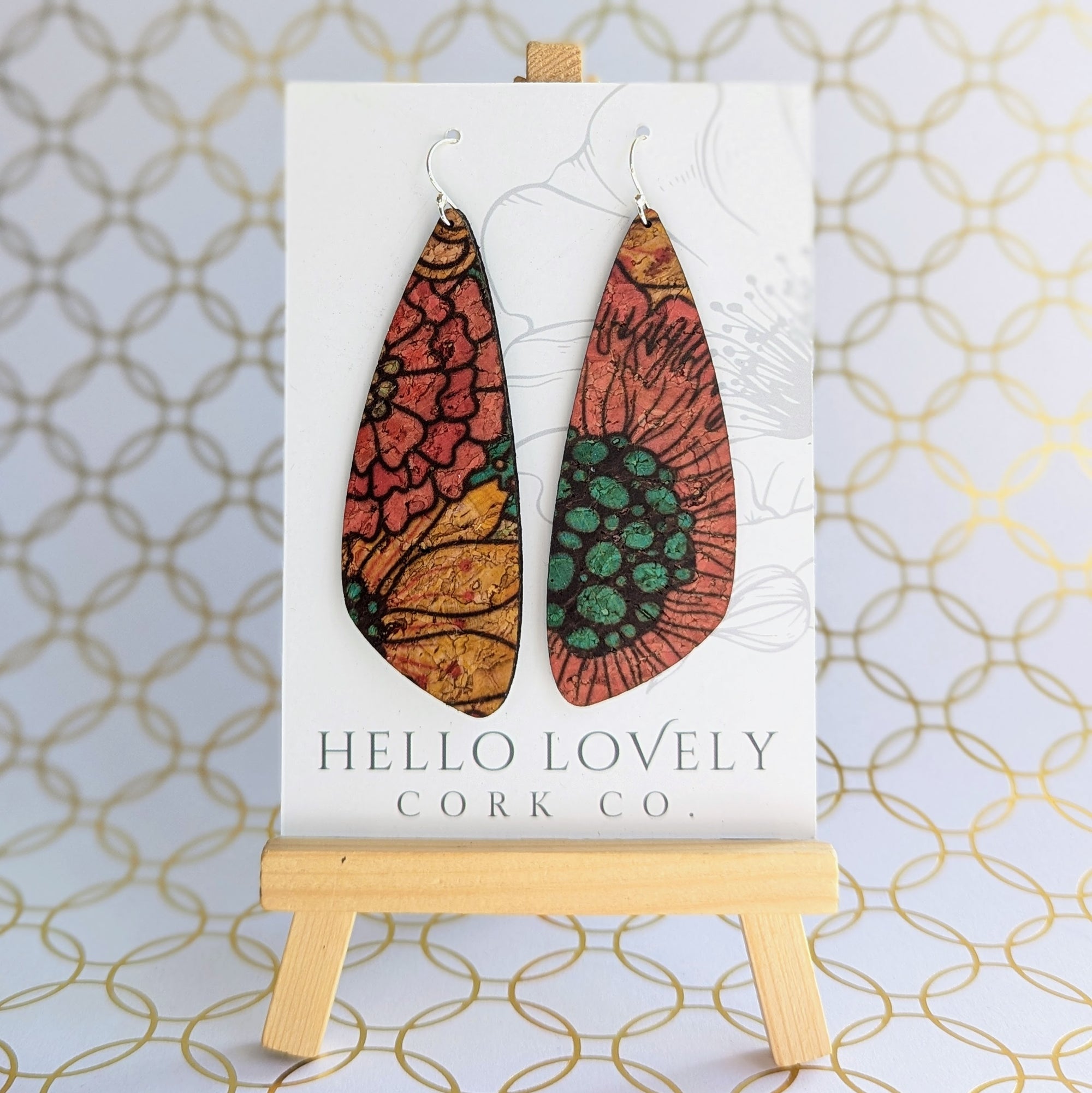 Red Yellow Blue Dahlia Cork Earrings - Large Wing