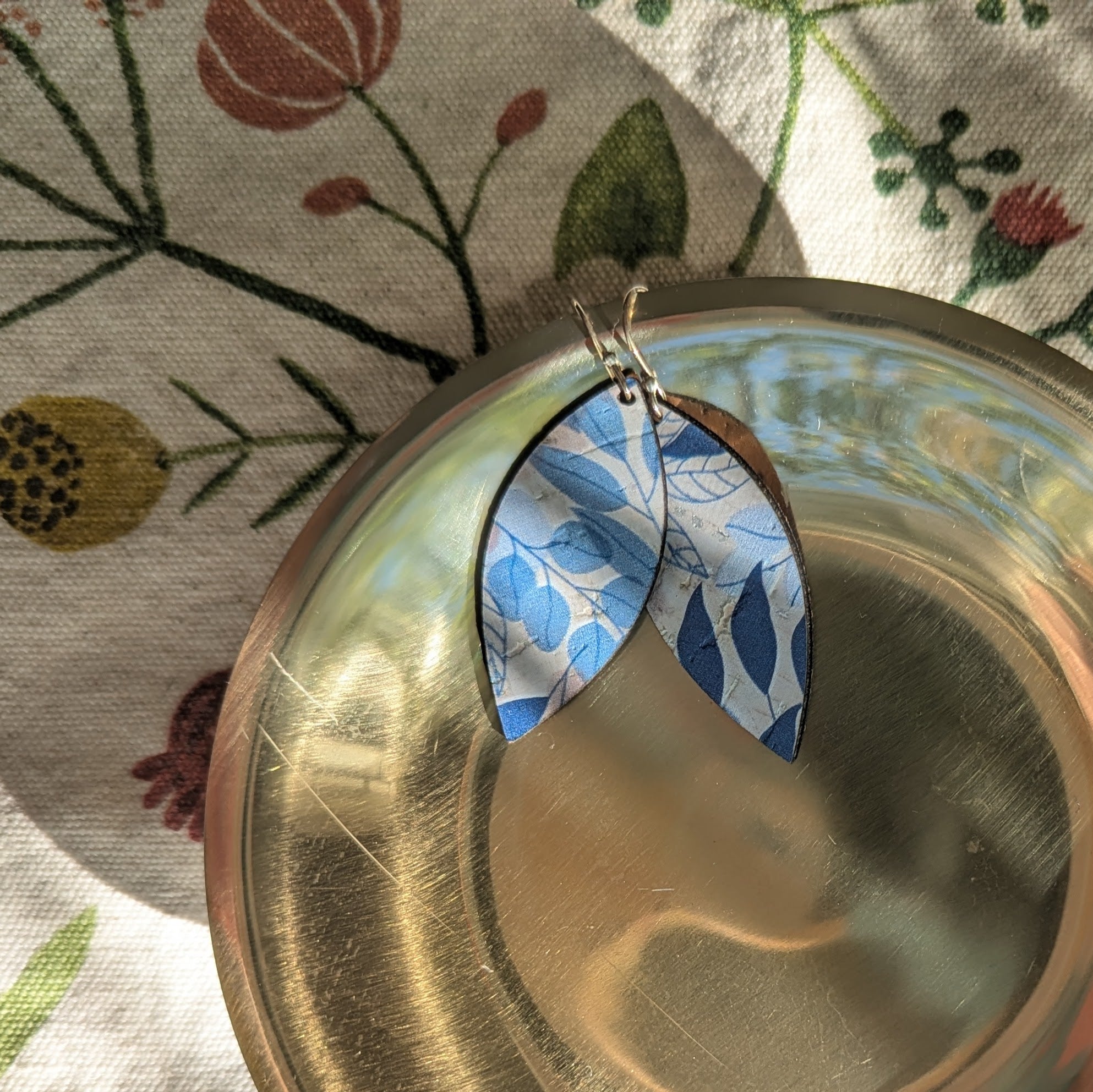 Blue Fall Leaves Cork Earrings - Small Leaf