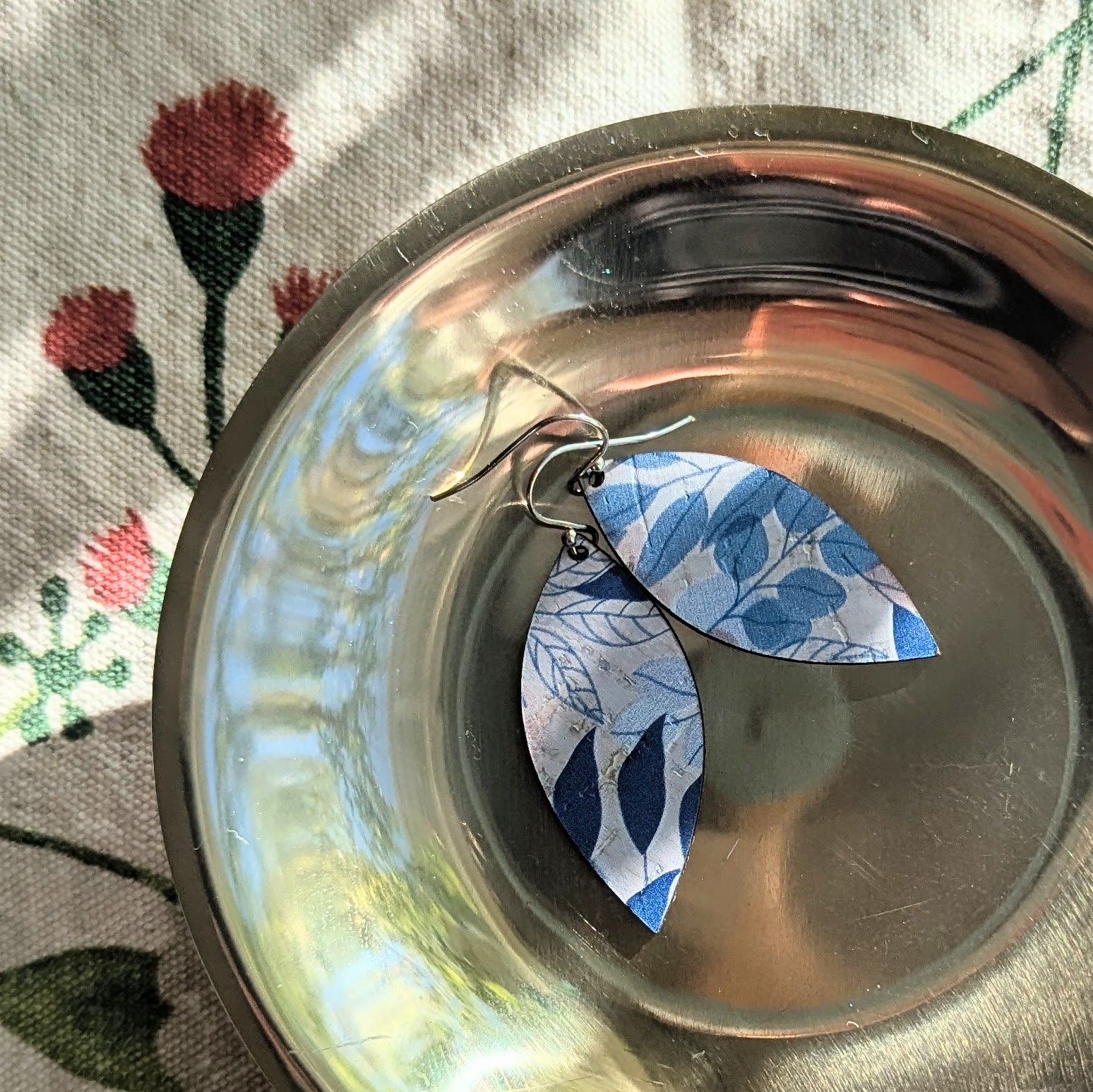 Blue Fall Leaves Cork Earrings - Small Leaf