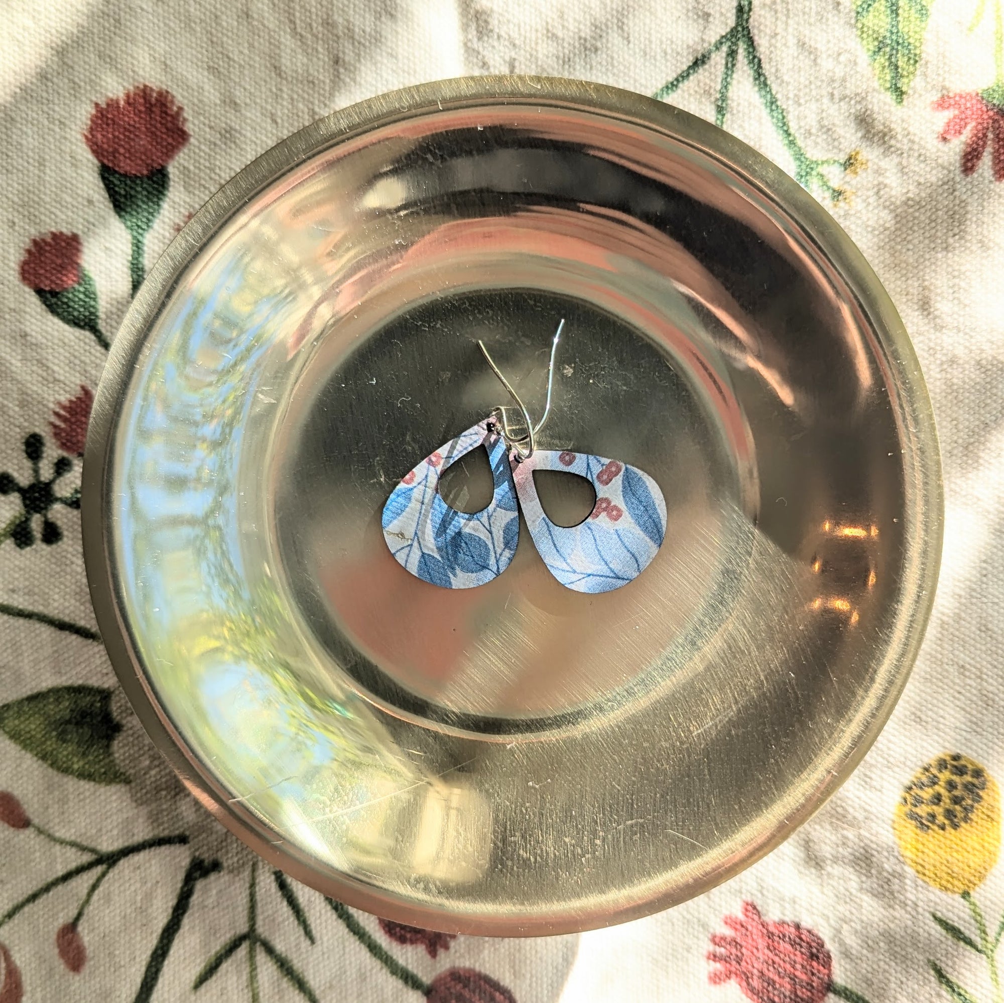 Blue Fall Leaves Cork Earrings - Small Teardrop