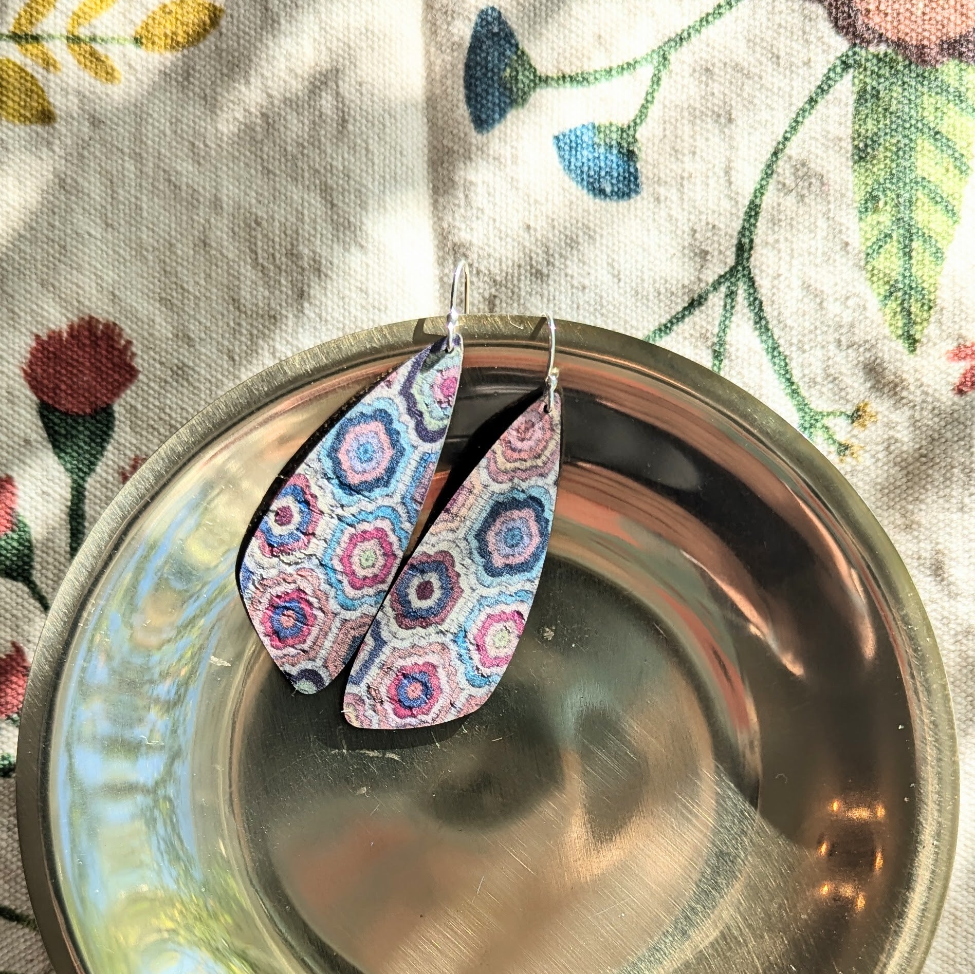 Embroidered Hexagons Cork Earrings - Small Wing
