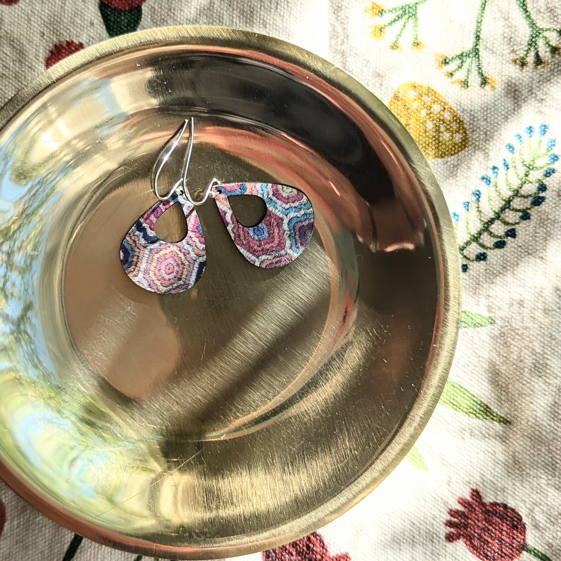 Embroidered Hexagons Cork Earrings - Small Teardrop