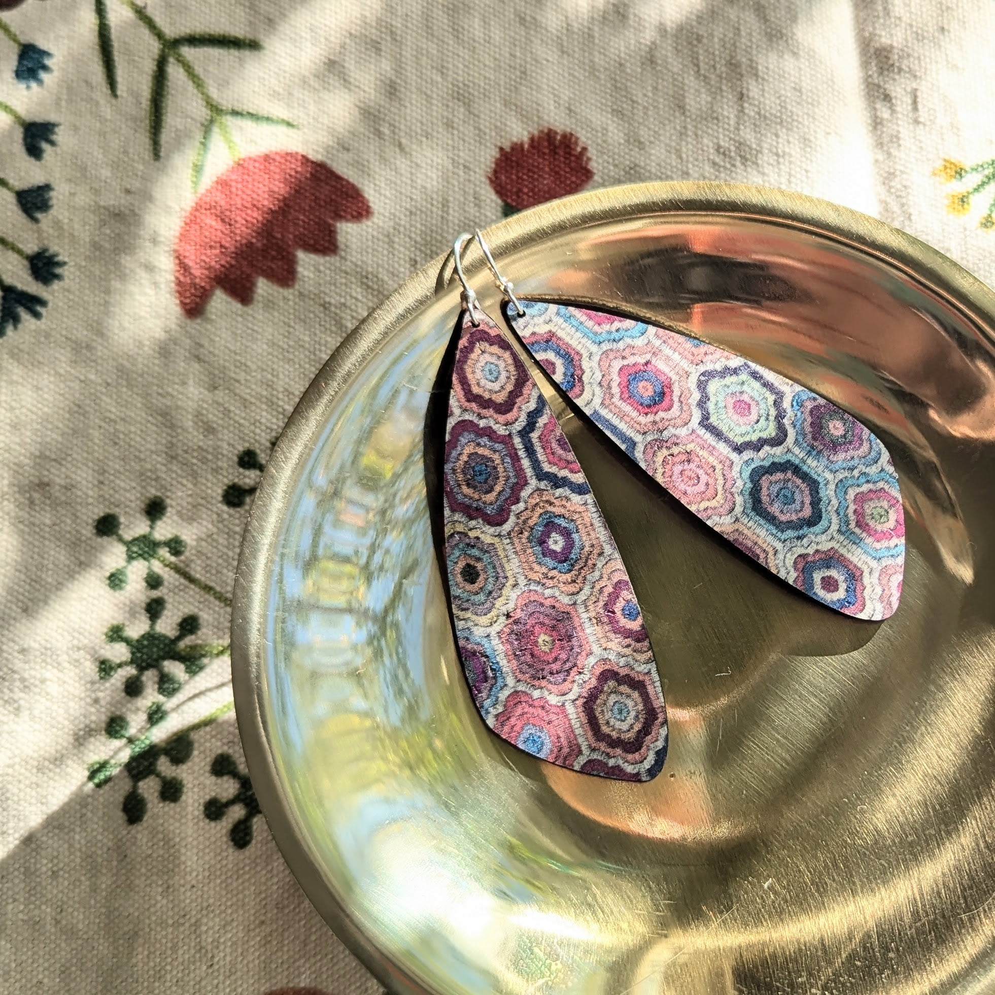 Embroidered Hexagons Cork Earrings - Large Wing