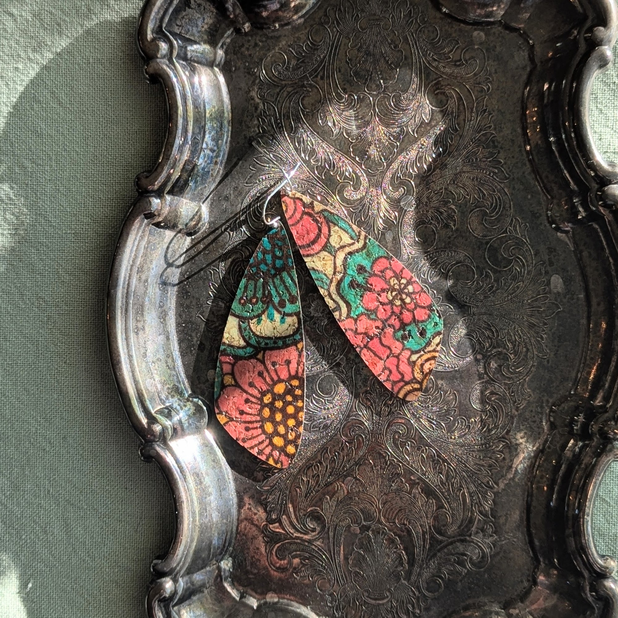 Red Yellow Blue Dahlia Cork Earrings - Large Wing