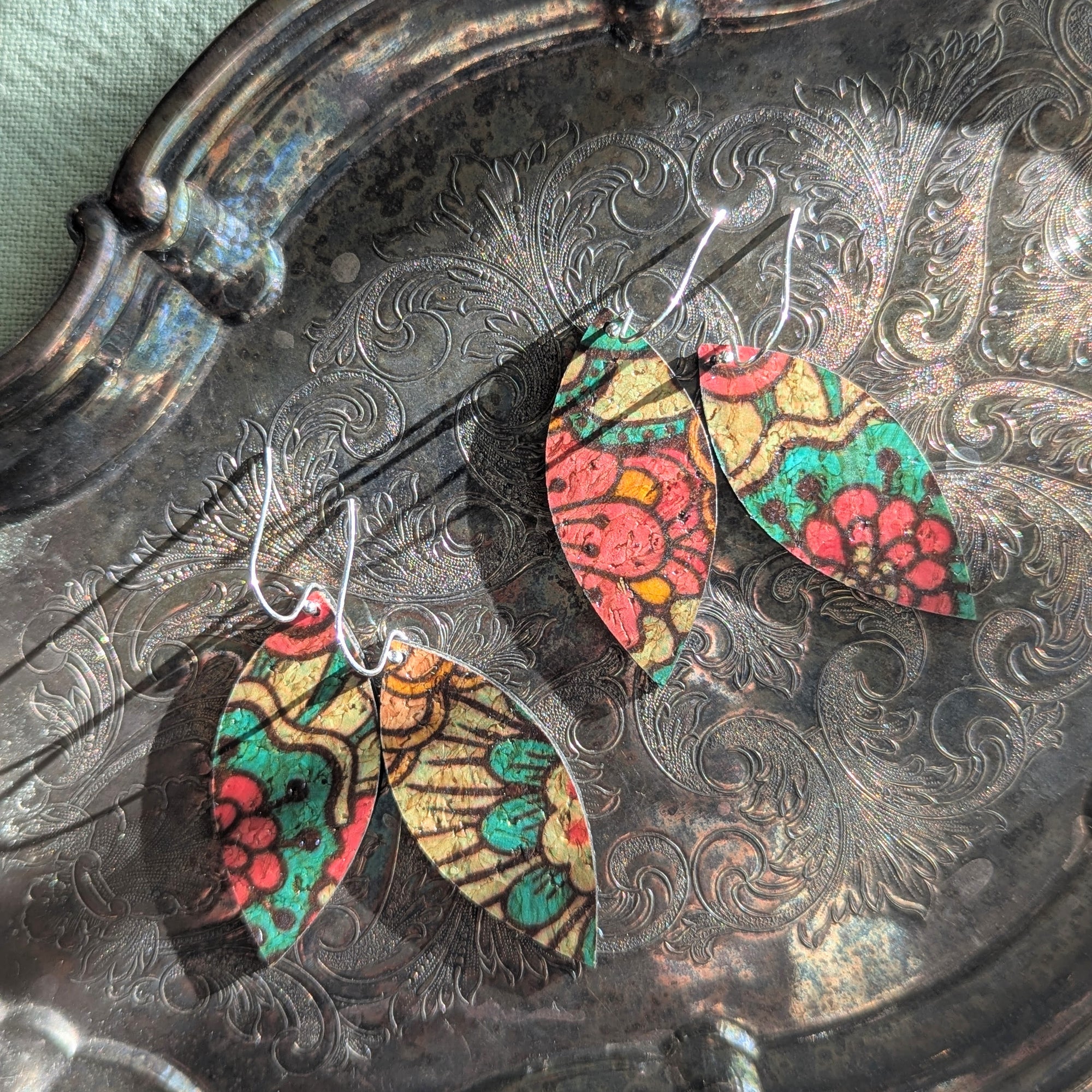 Red Yellow Blue Dahlia Cork Earrings - Small Leaf