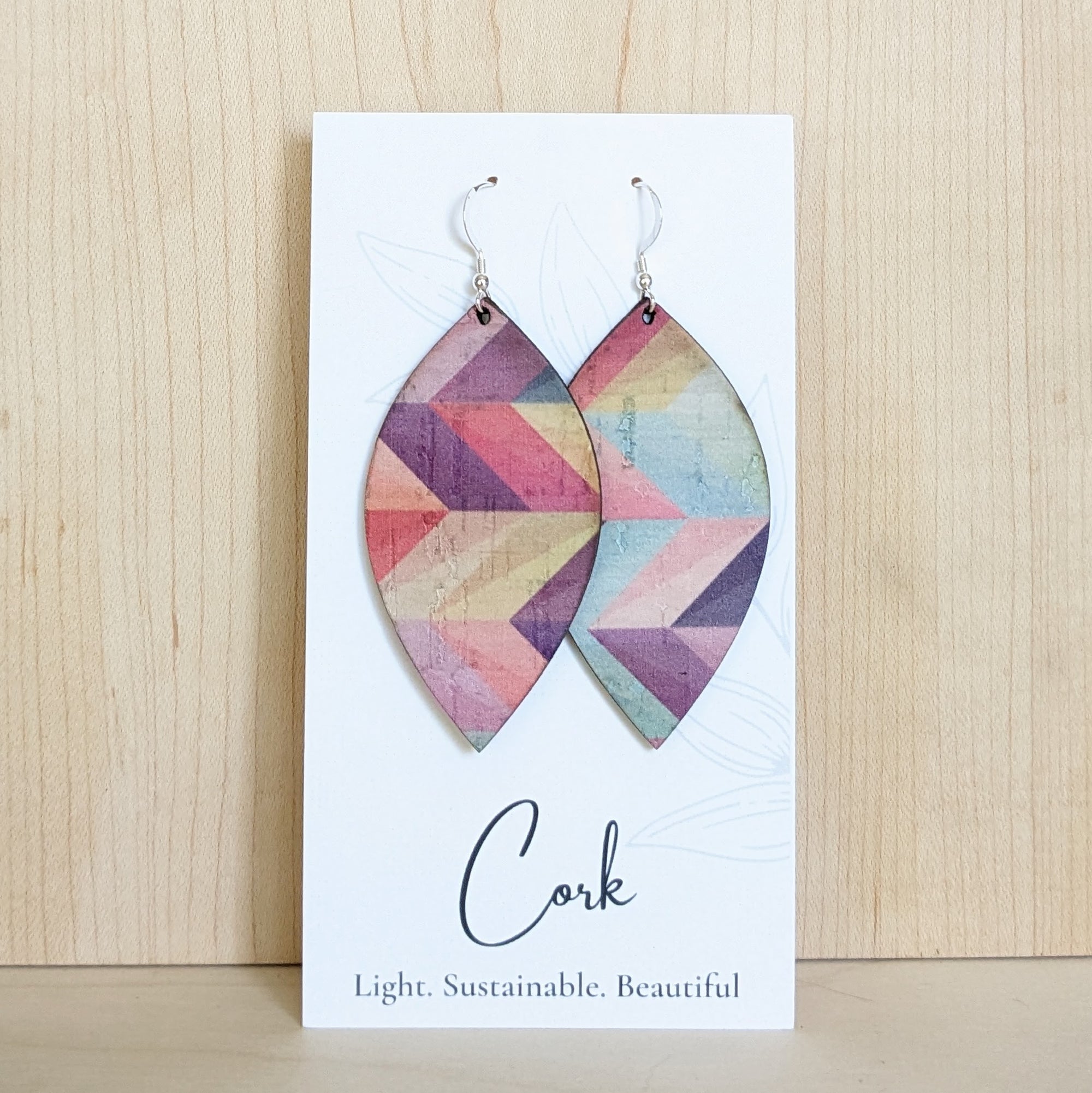 Pink Herringbone Cork Earrings - Large Leaf