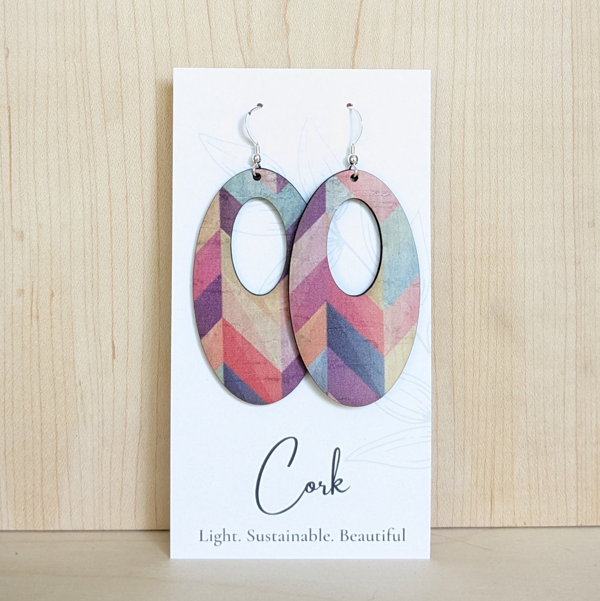 Pink Herringbone Cork Earrings - Oval