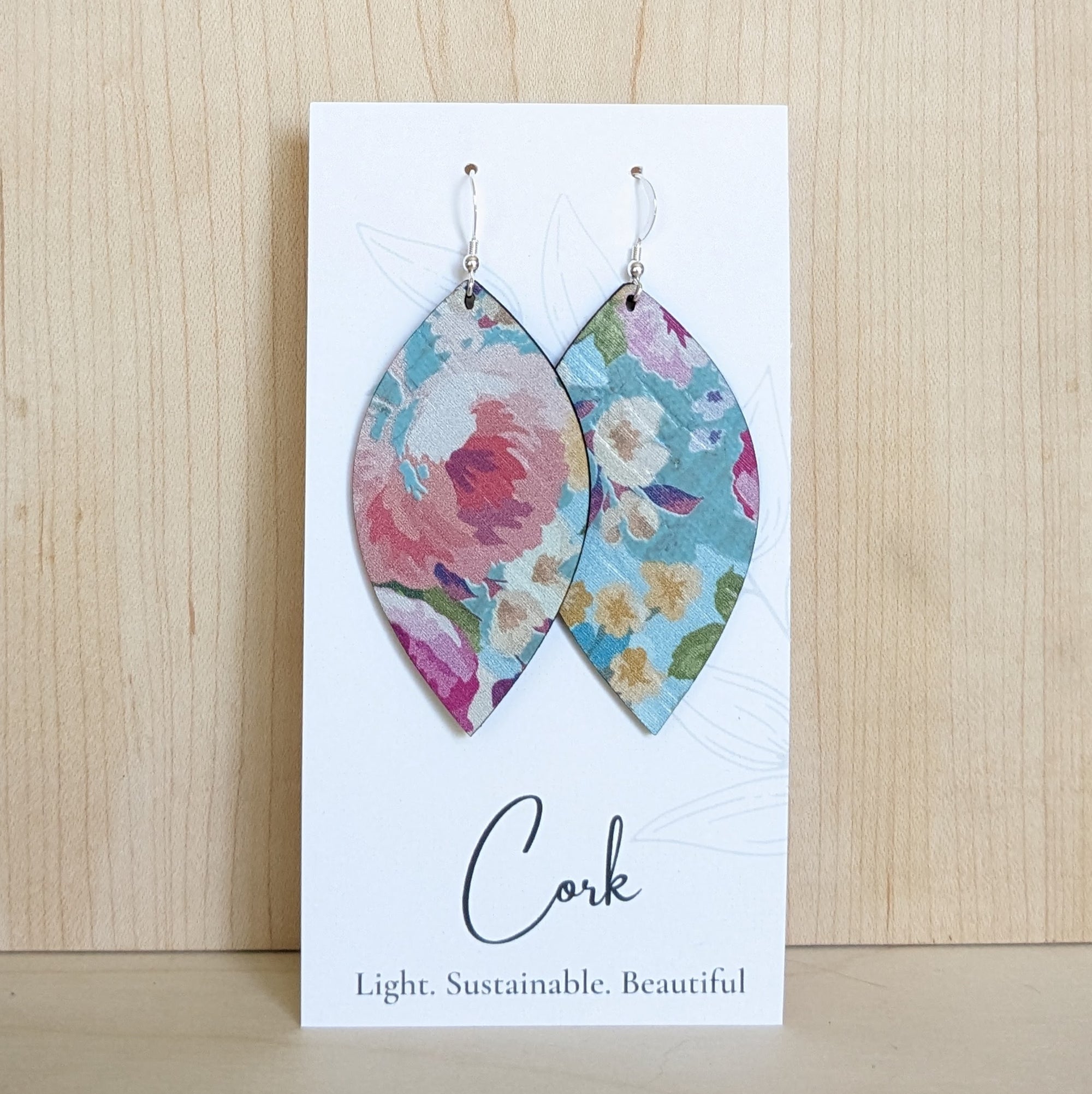 Spring Floral on Blue Cork Earrings - Large Leaf