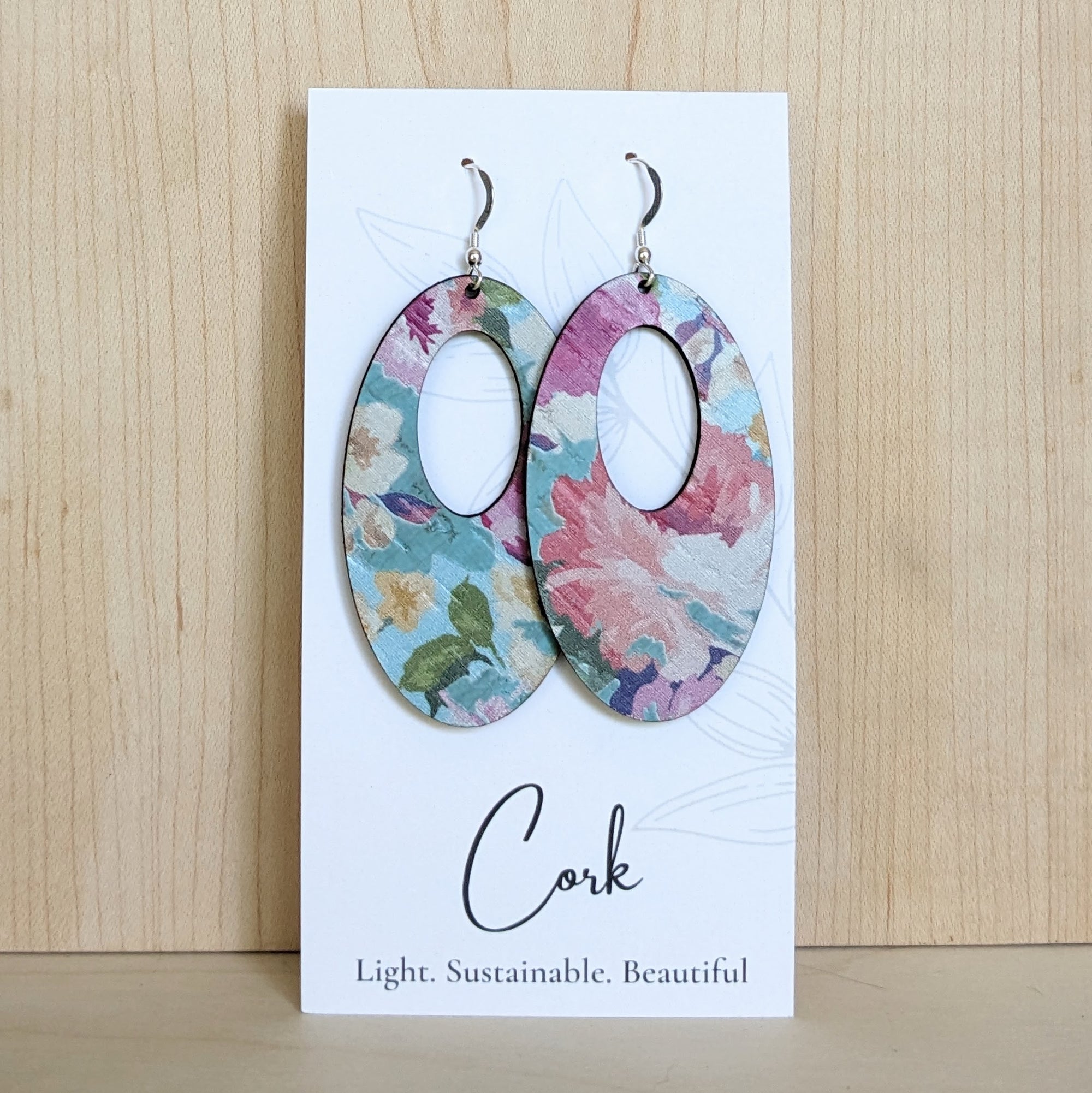 Spring Floral on Blue Cork Earrings - Oval