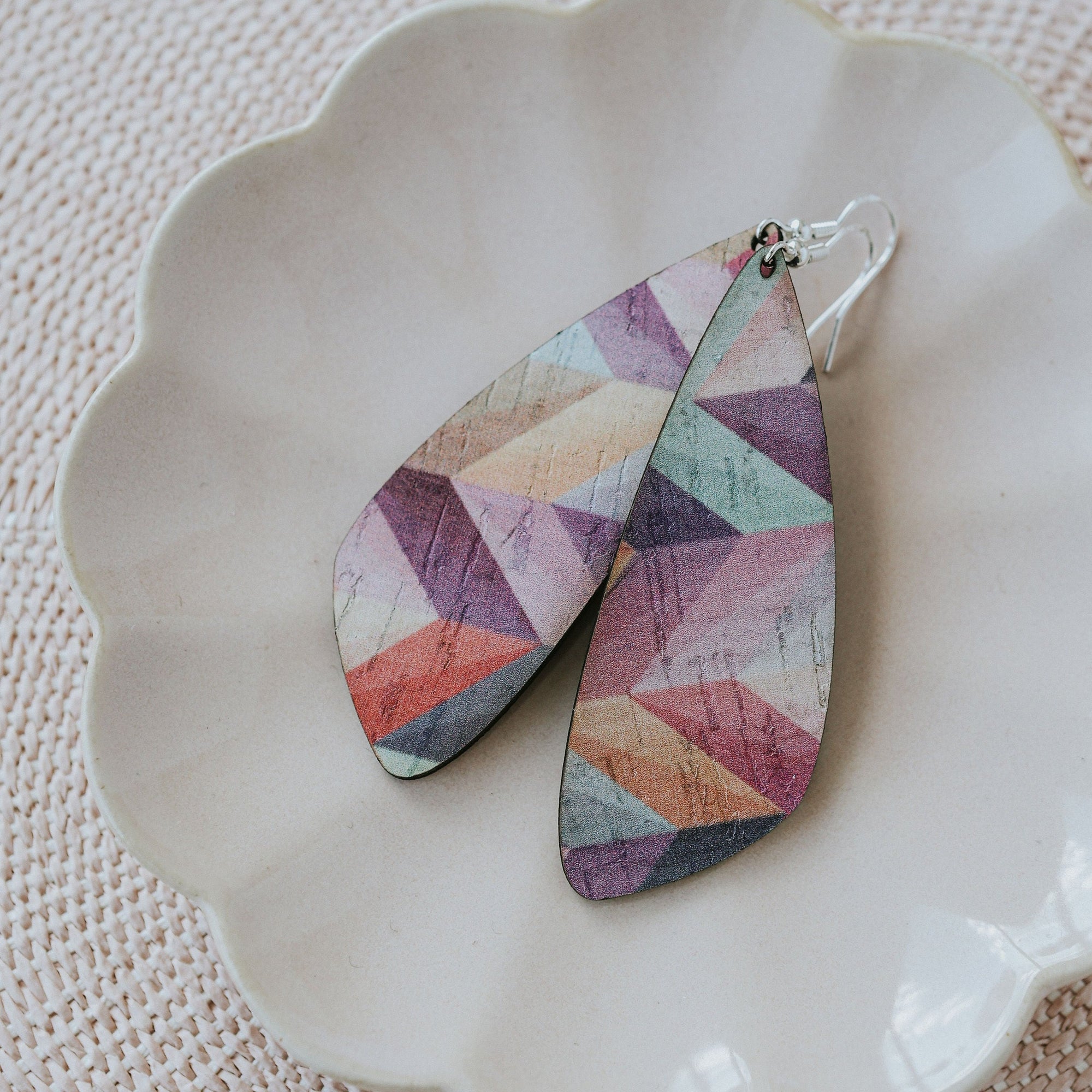 Pink Herringbone Cork Earrings - Large Wing