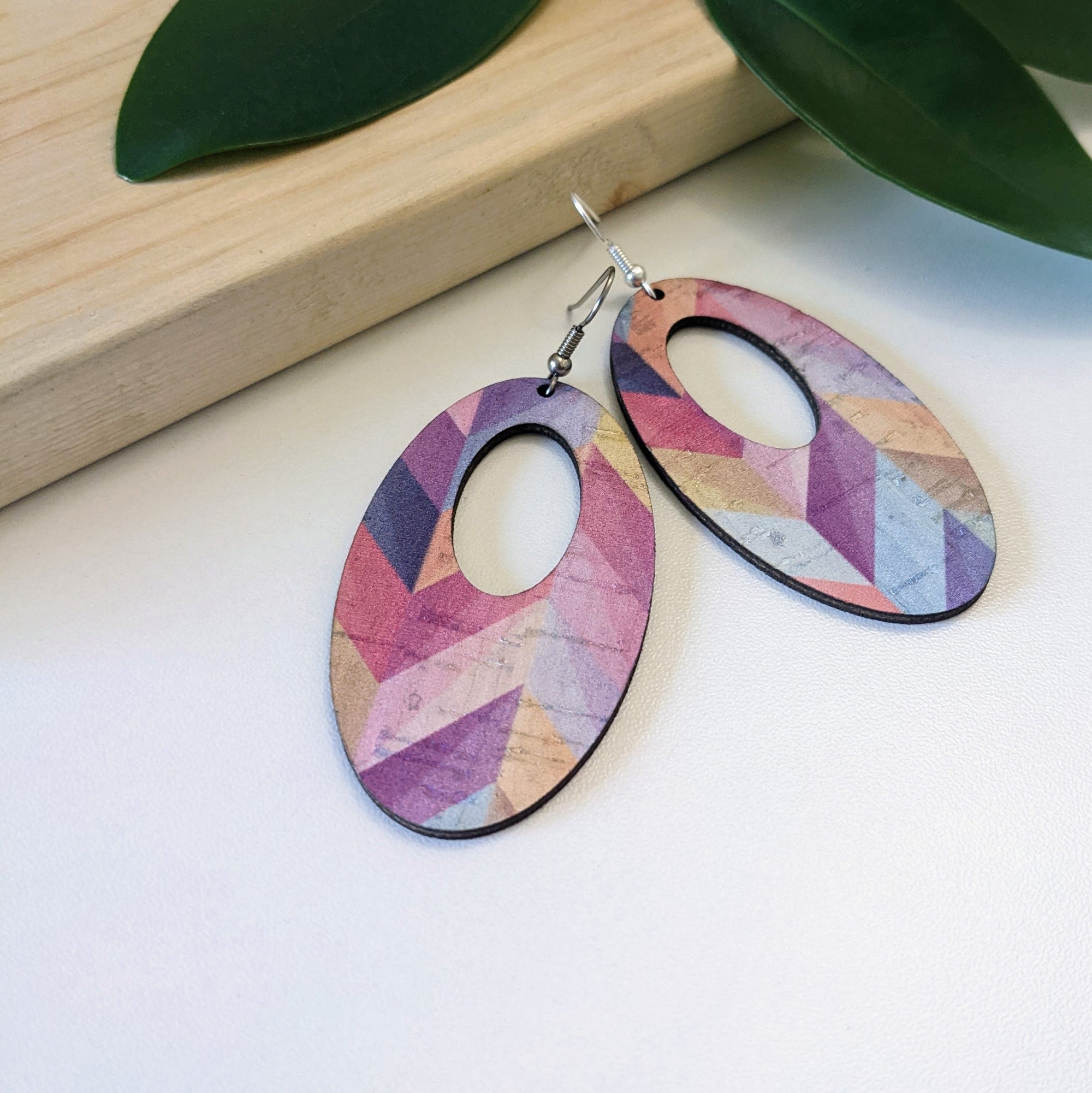Pink Herringbone Cork Earrings - Oval