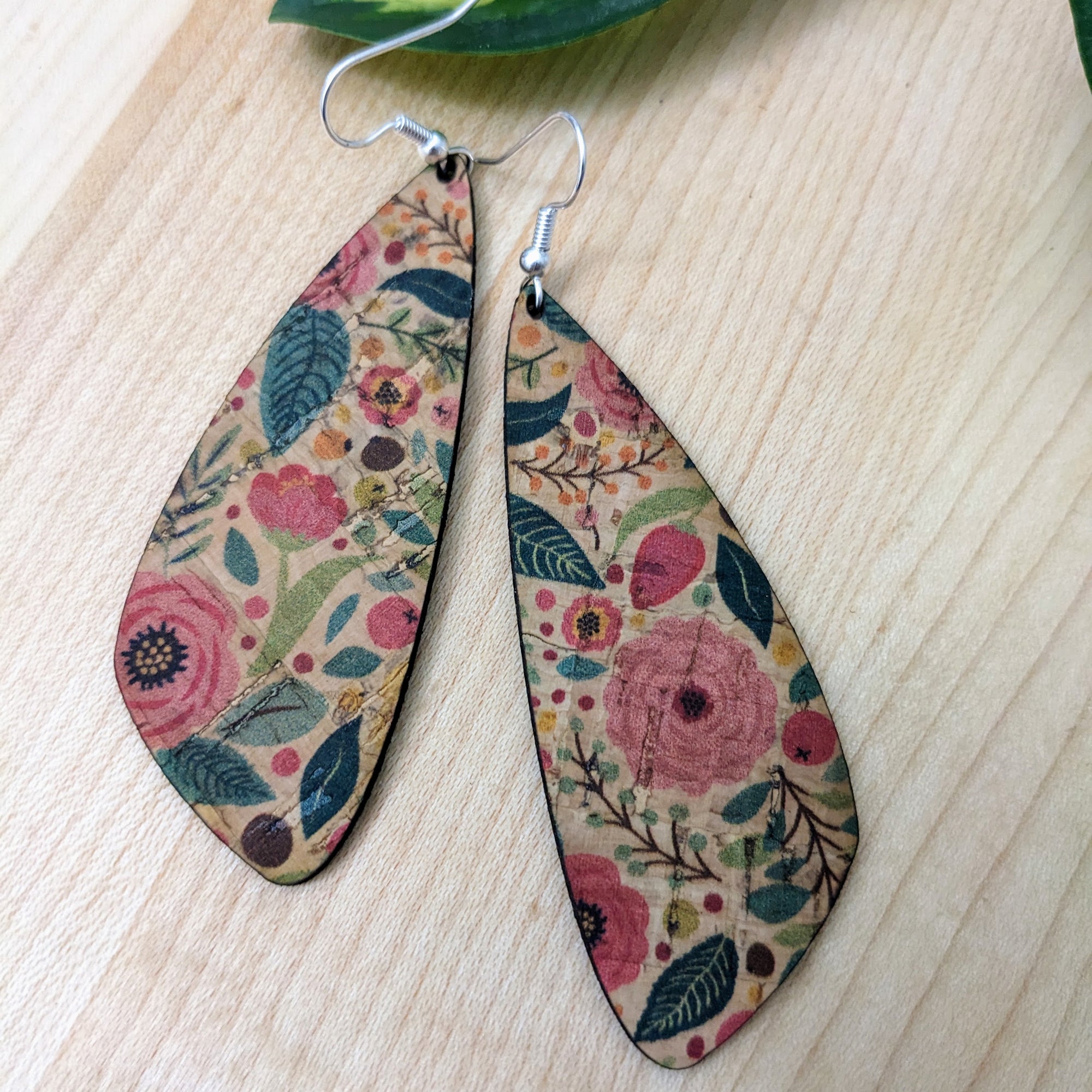 Green and Pink Floral Cork Earrings - Large Wing