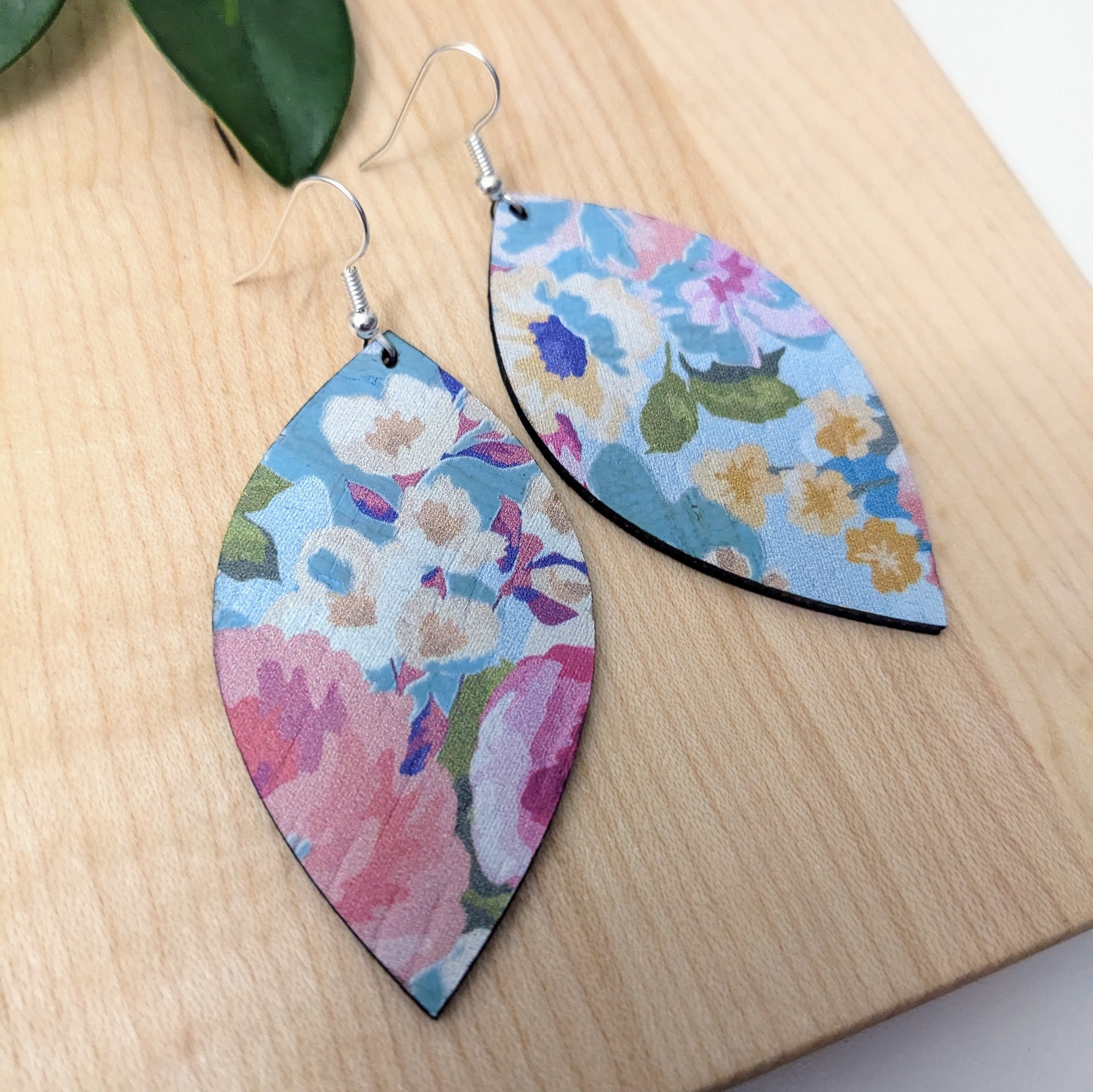 Spring Floral on Blue Cork Earrings - Large Leaf