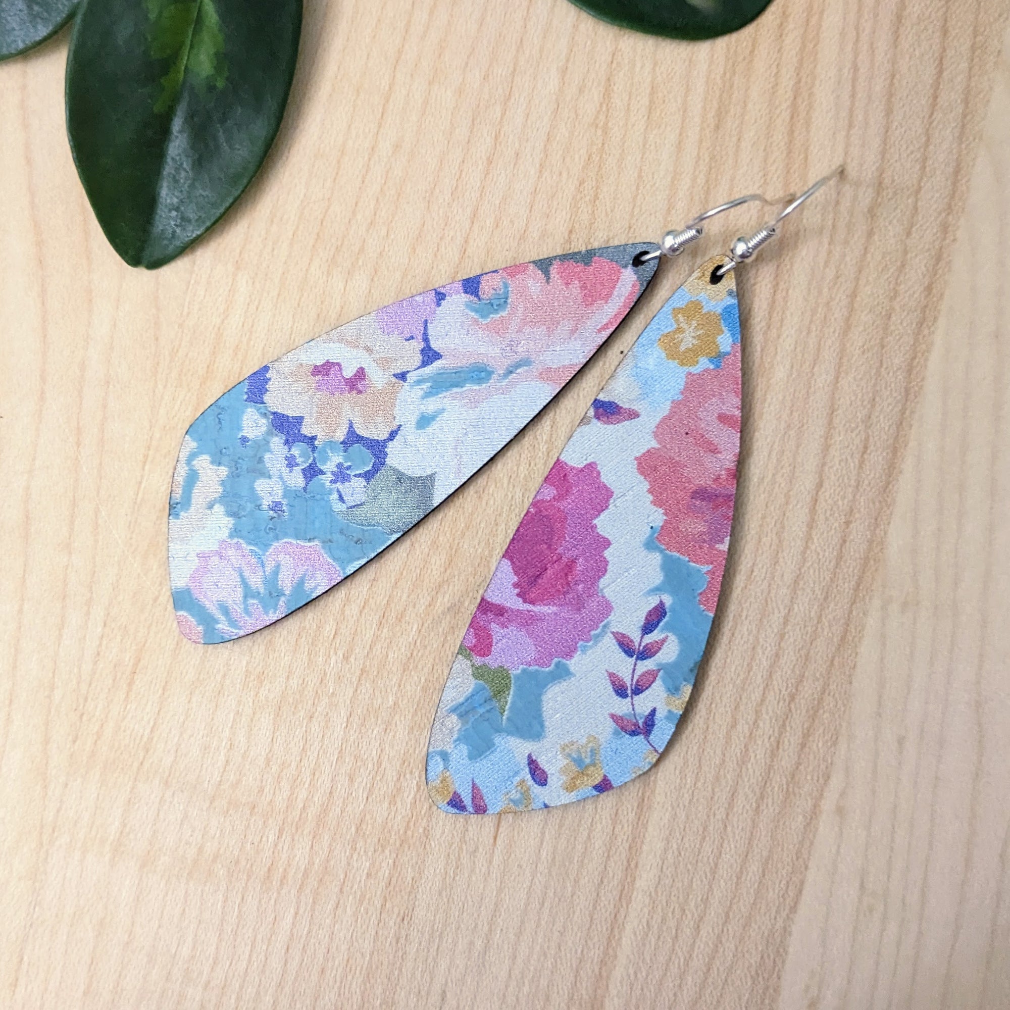 Spring Floral on Blue Cork Earrings - Large Wing