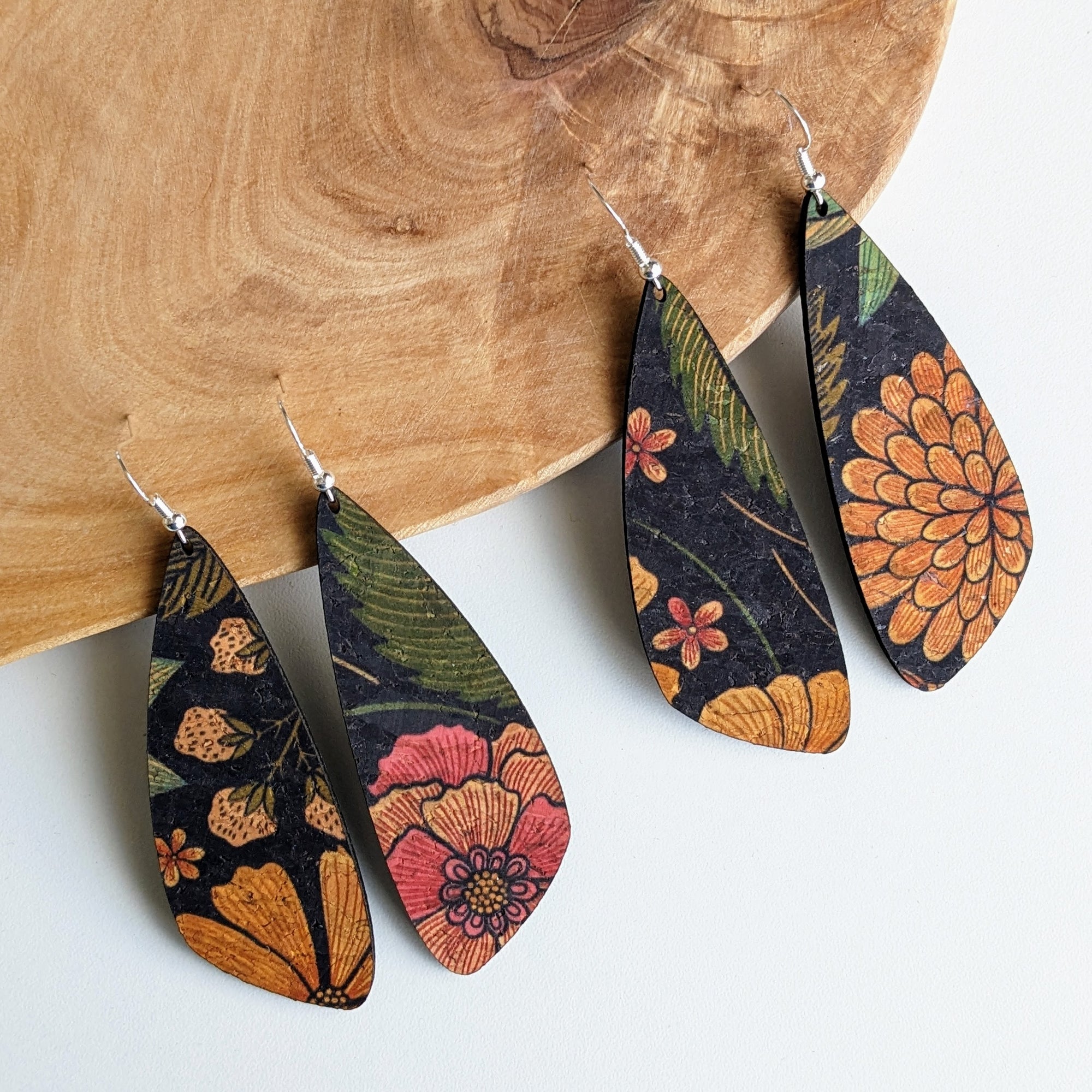 Floral on Black Cork Earrings - Large Wing
