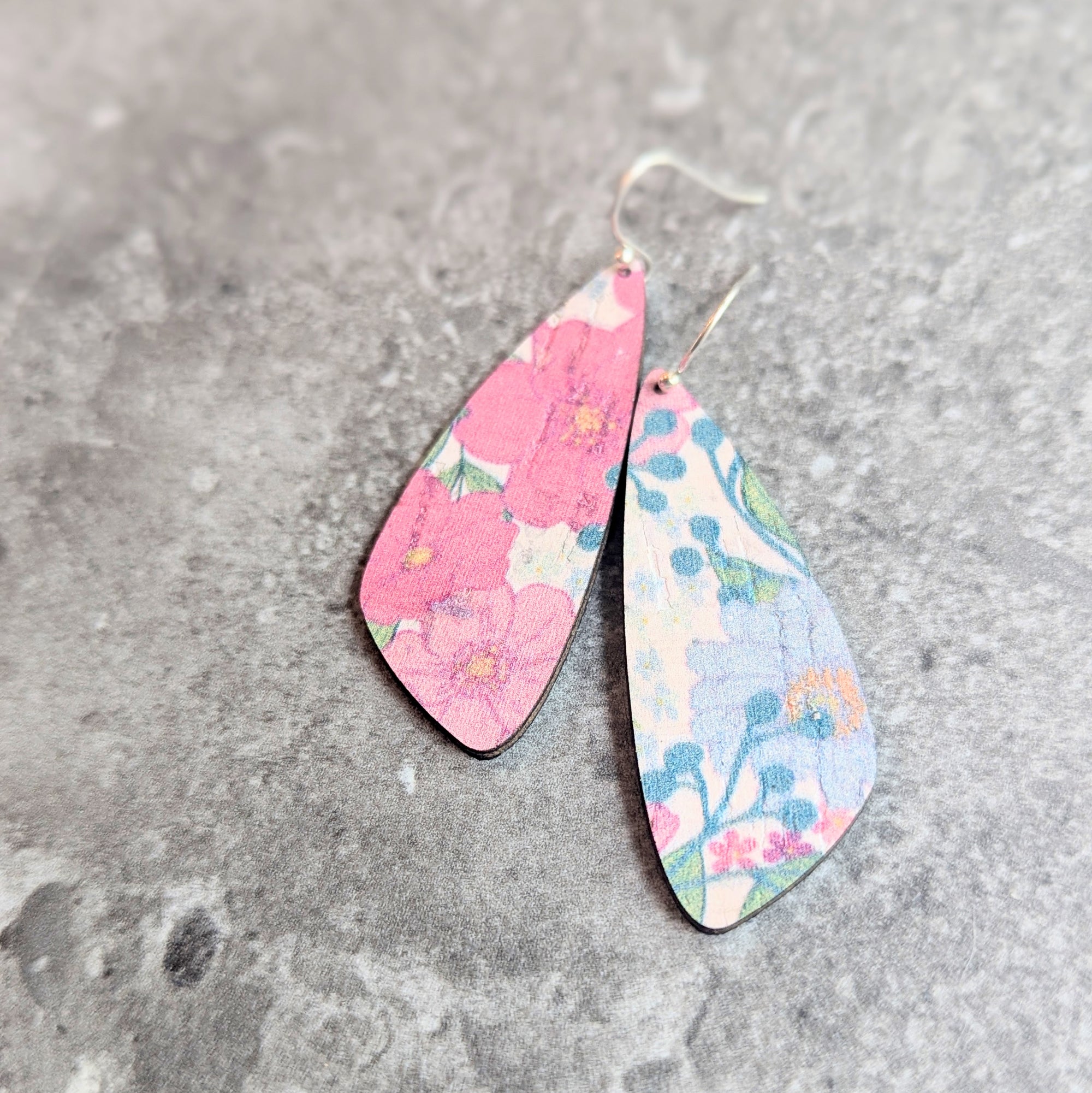 Pink Garden Floral Cork Earrings - Small Wing
