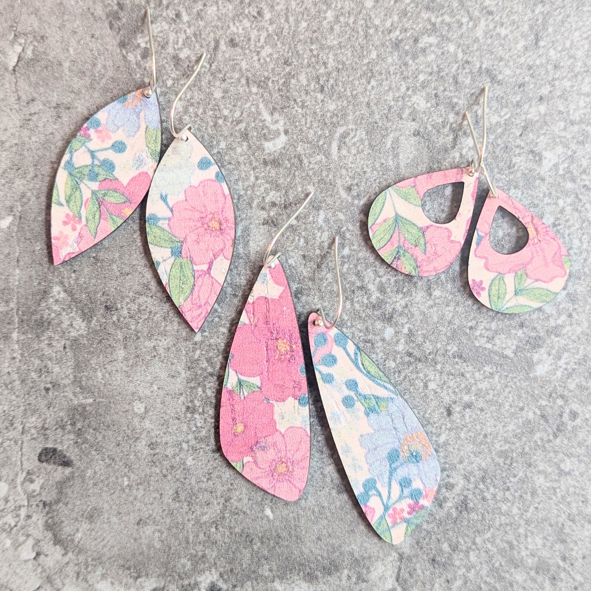 Pink Garden Floral Cork Earrings - Small Leaf