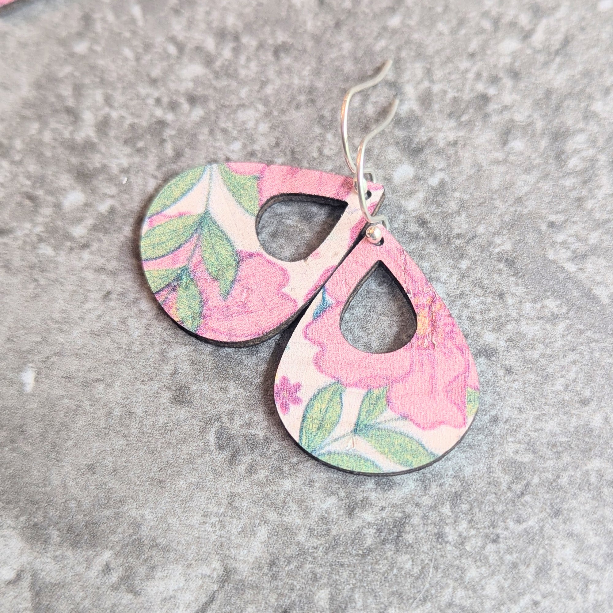 Pink Garden Floral Cork Earrings - Small Teardrop