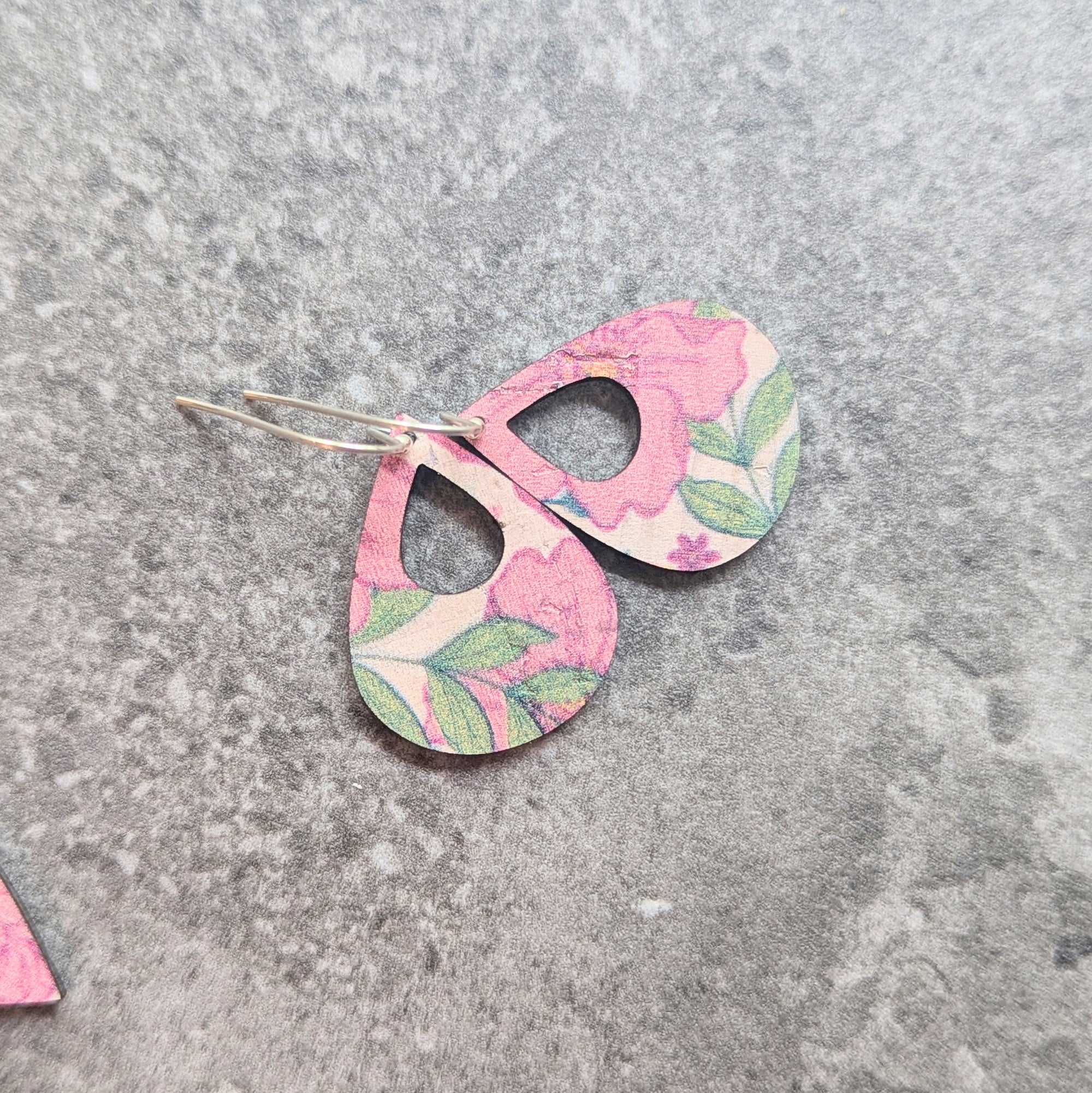 Pink Garden Floral Cork Earrings - Small Teardrop