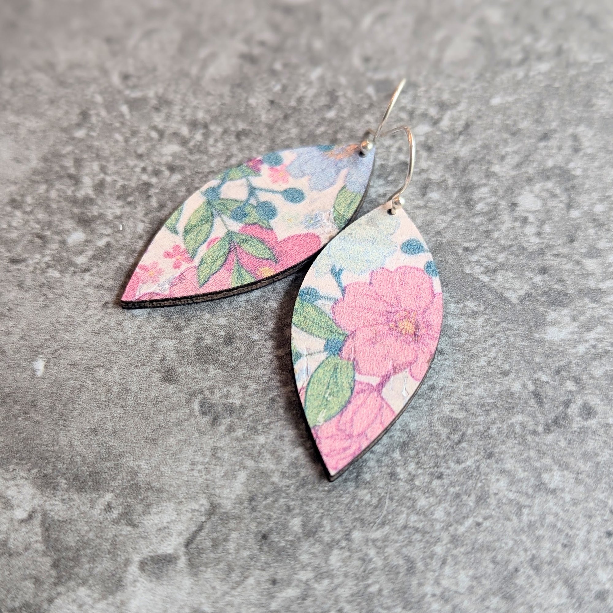 Pink Garden Floral Cork Earrings - Small Leaf
