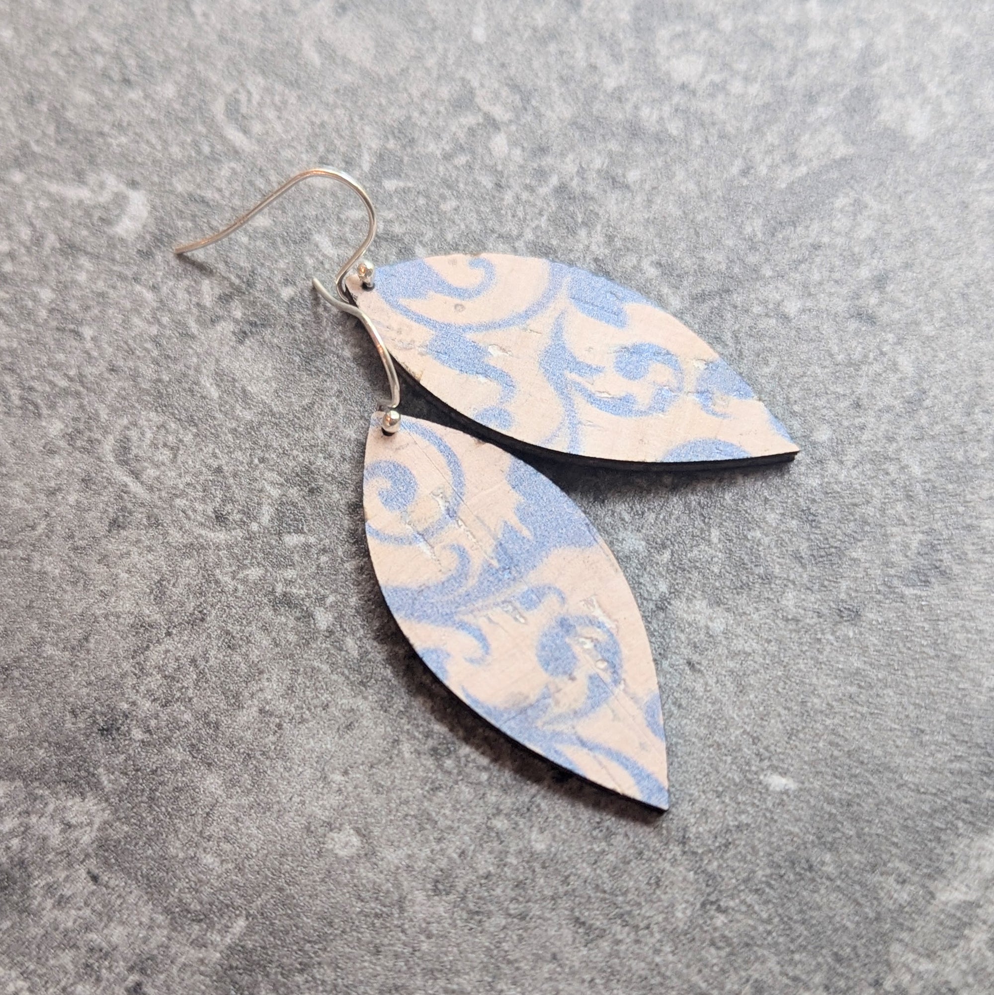 Blue Filigree Cork Earrings - Small Leaf