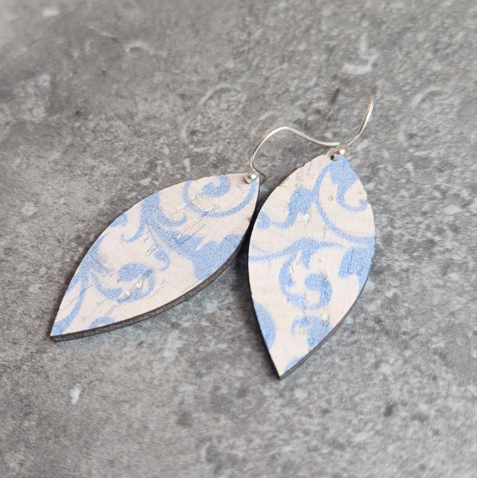 Blue Filigree Cork Earrings - Small Leaf