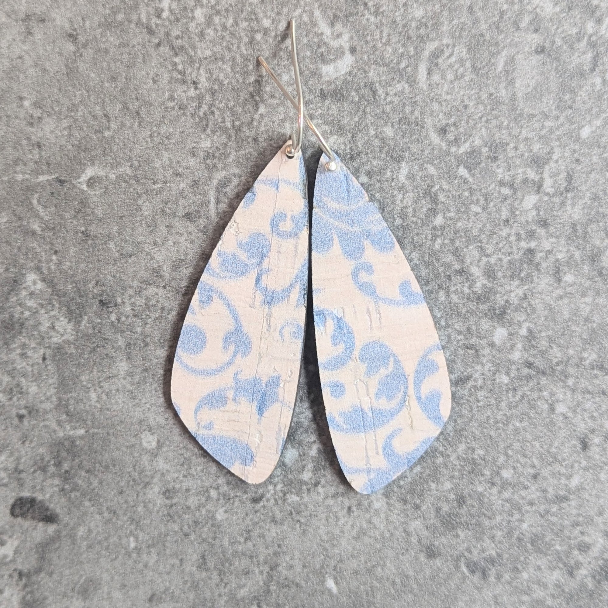 Blue Filigree Cork Earrings - Small Wing