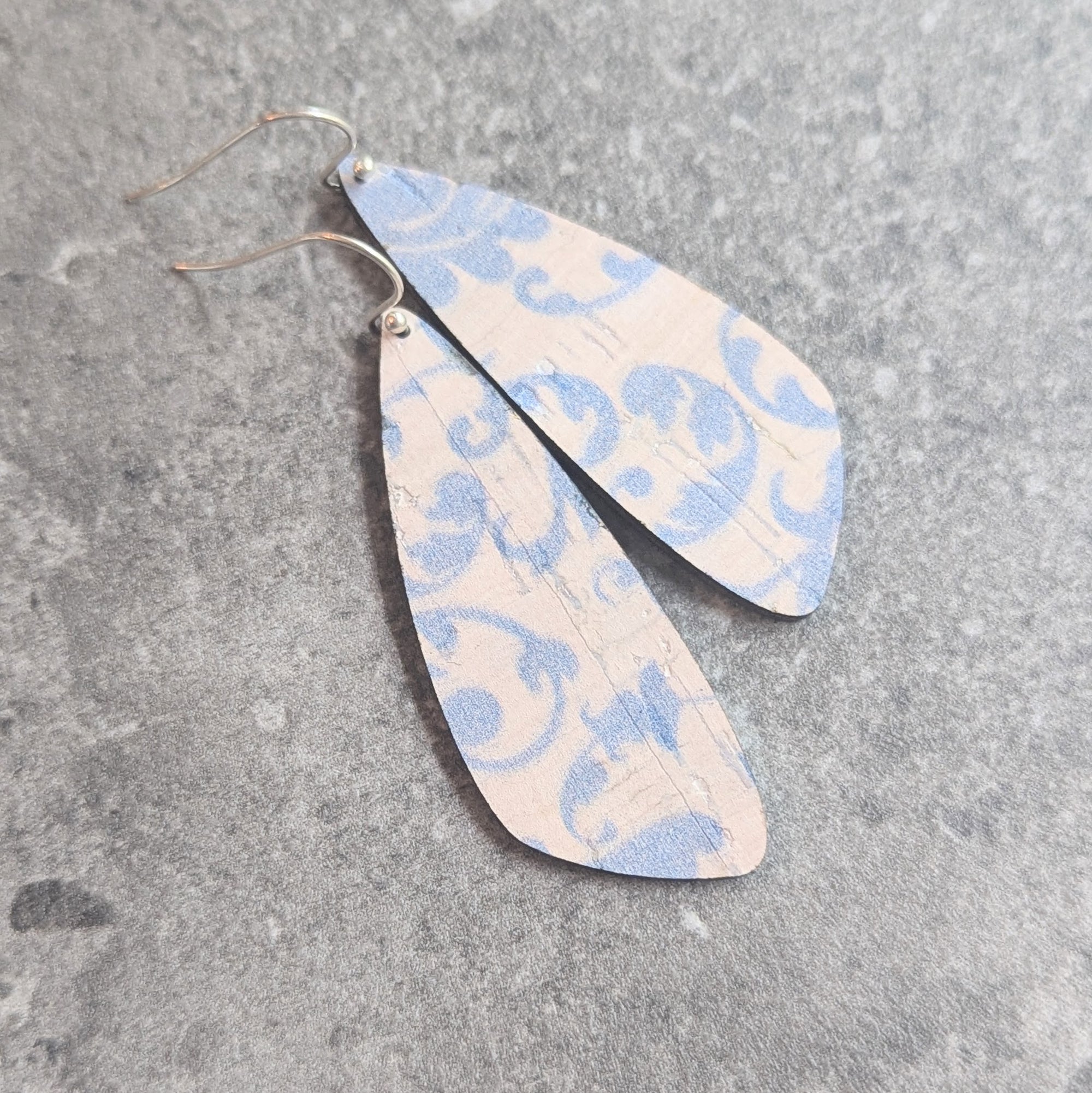 Blue Filigree Cork Earrings - Small Wing
