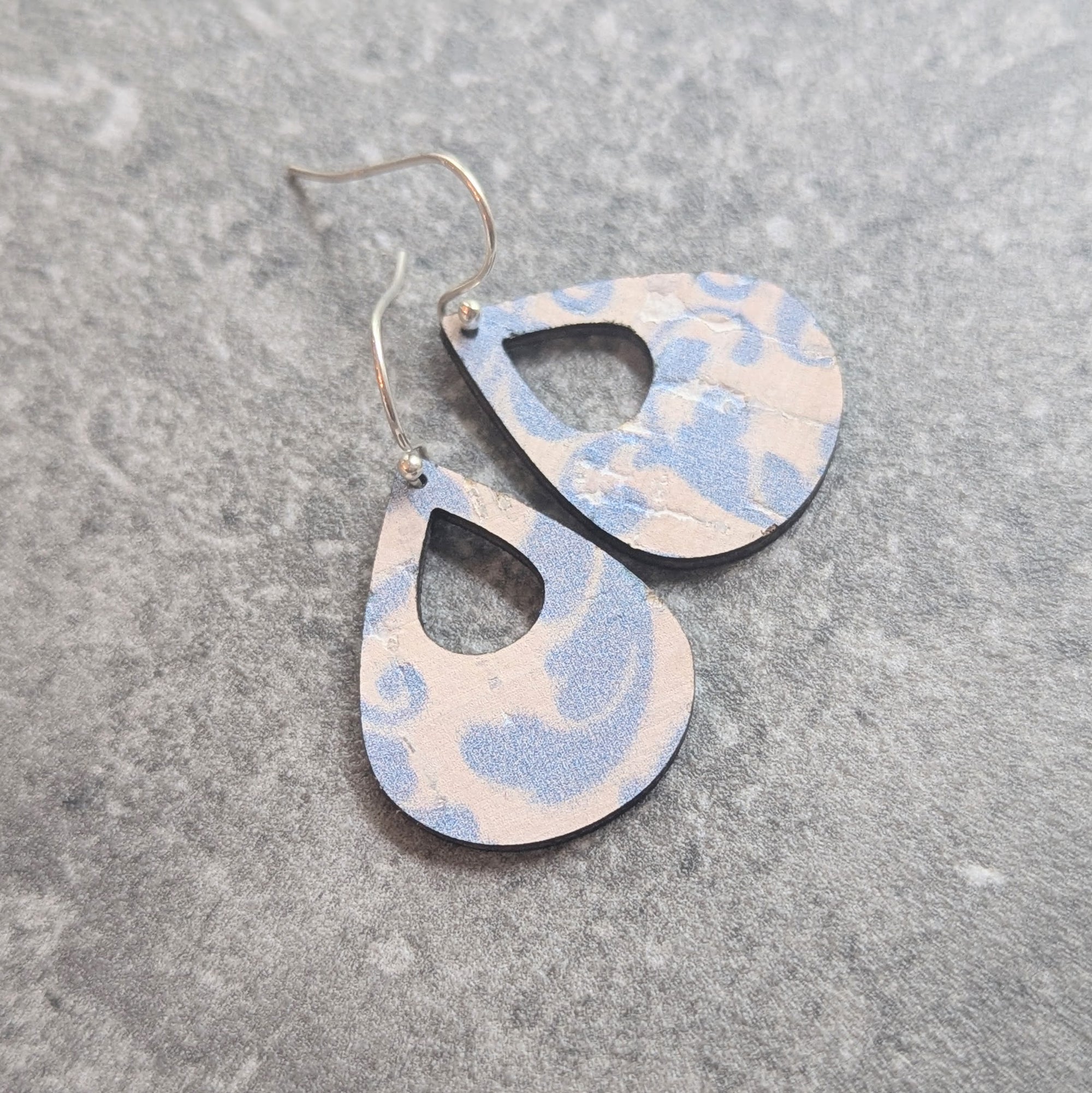 Blue Filigree Cork Earrings - Small Teardrop