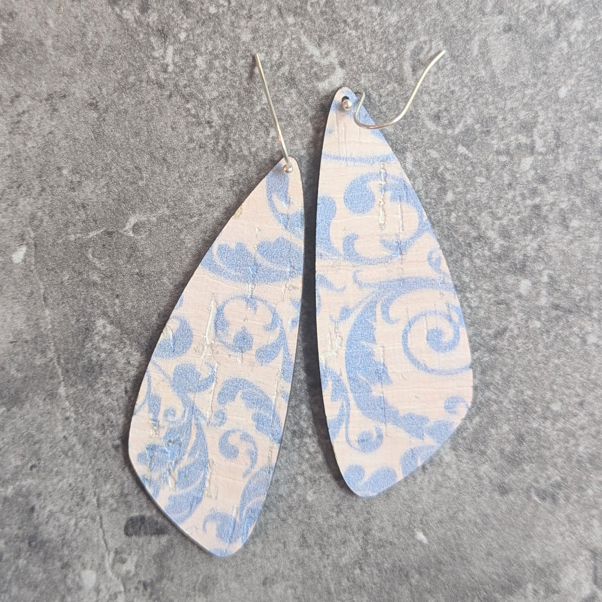 Blue Filigree Cork Earrings - Large Wing